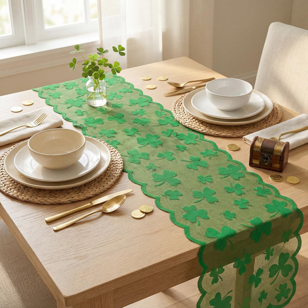 Artoid Mode Lace Jacquard Shamrock Clover Lucky St Patrick's Day Table Runner, Kitchen Dining Table Decoration for Home Party Decor 13x72 Inch