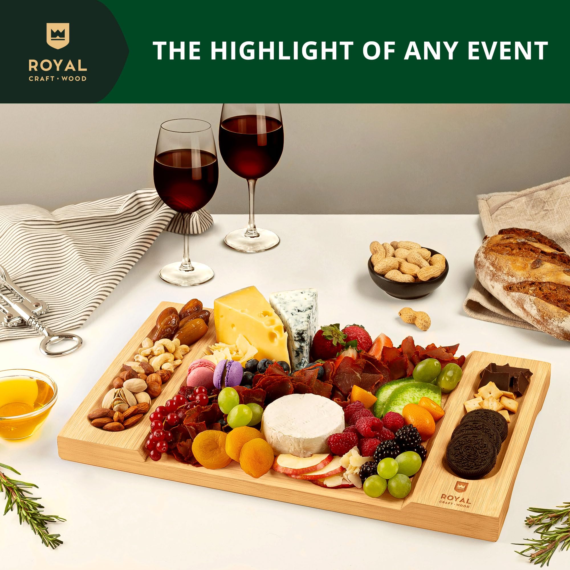 ROYAL CRAFT WOOD Premium Bamboo Charcuterie Board Set - Cheese Platter & Serving Tray & Serving Utensils - Perfect Housewarming Gift, Wedding, Bridal Shower Gift - Ideal for Entertaining and New Home