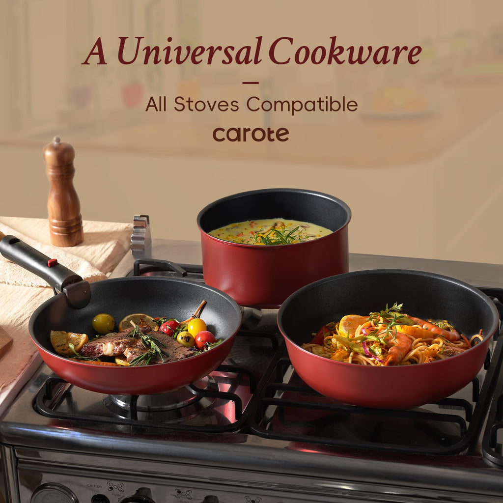 CAROTE 17pcs Pots and Pans Set, Nonstick Cookware Set Detachable Handle, Induction Kitchen Cookware Sets Non Stick with Removable Handle, RV Cookware Set, Oven Safe