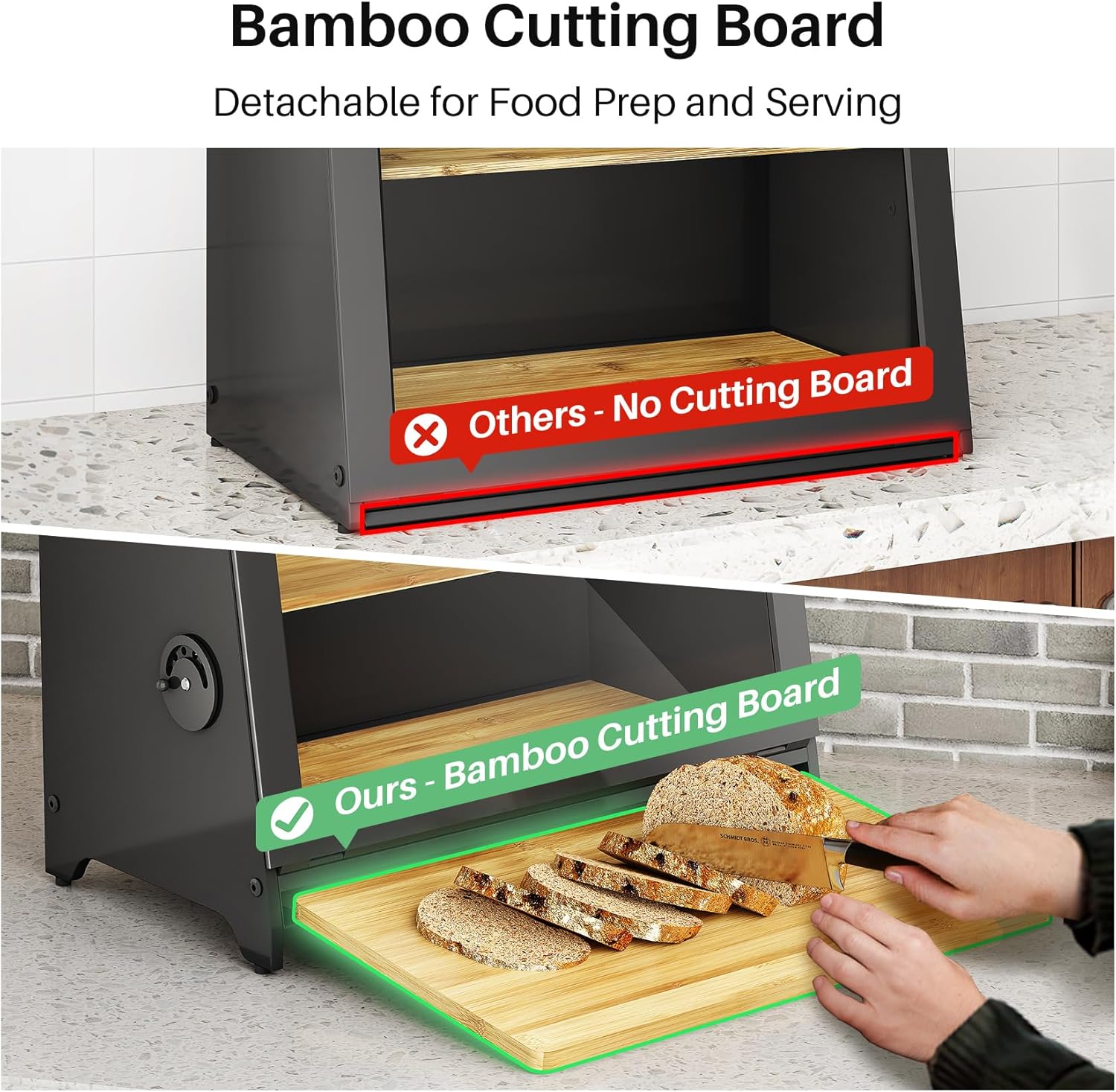 SNTD Bread Box for Kitchen Countertop, Airtight Homemade Bread Storage Container with Adjustable Vent Holes, Bamboo Cutting Board (Black, L)