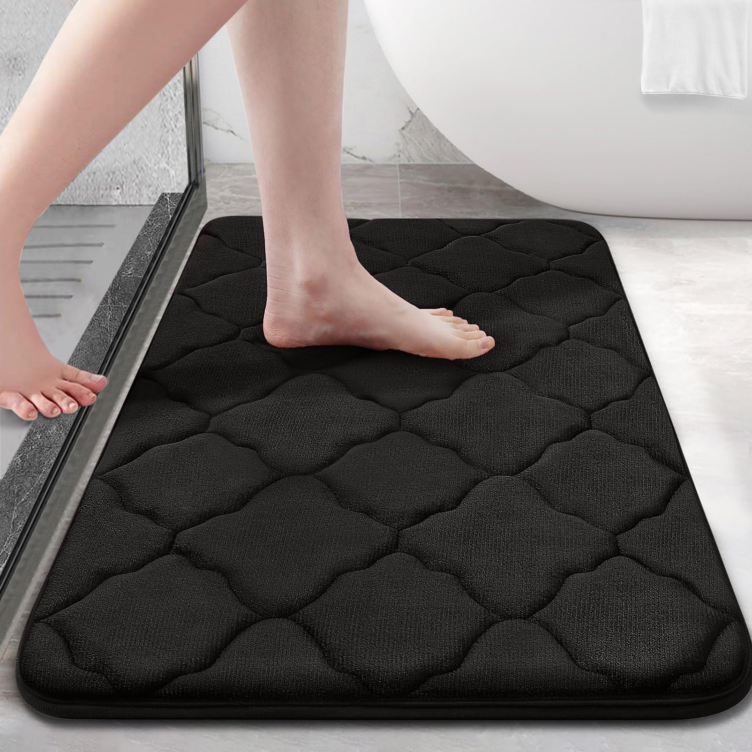 OLANLY Memory Foam Bath Mat Rug 24x16, Ultra Soft and Absorbent Bathroom Rugs, Non-Slip, Comfortable, Machine Washable Bath Carpet for Bathroom Floor, Tub, Shower and Home Decor Accessories, Black