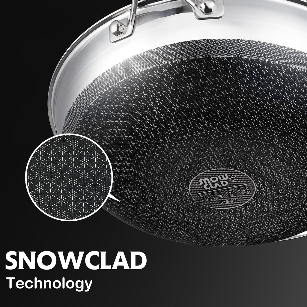 SNOWCLAD Wok, 13 Inch Hybrid Woks & Stir-fry Pans Nonstick, Non Toxic Stainless Steel Wok Pan with Lid, Dishwasher Induction Oven Broiler Safe, PFOA Free Cookware Non Stick
