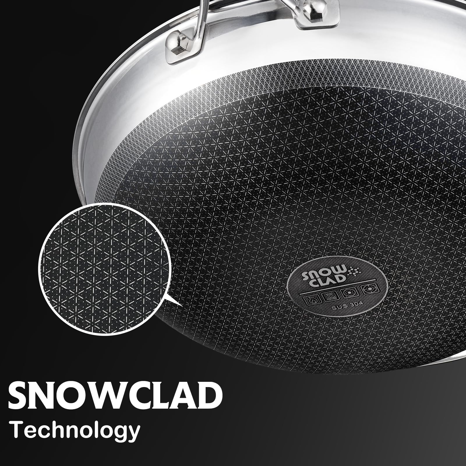 SNOWCLAD Wok, 13 Inch Hybrid Woks & Stir-fry Pans Nonstick, Non Toxic Stainless Steel Wok Pan with Lid, Dishwasher Induction Oven Broiler Safe, PFOA Free Cookware Non Stick