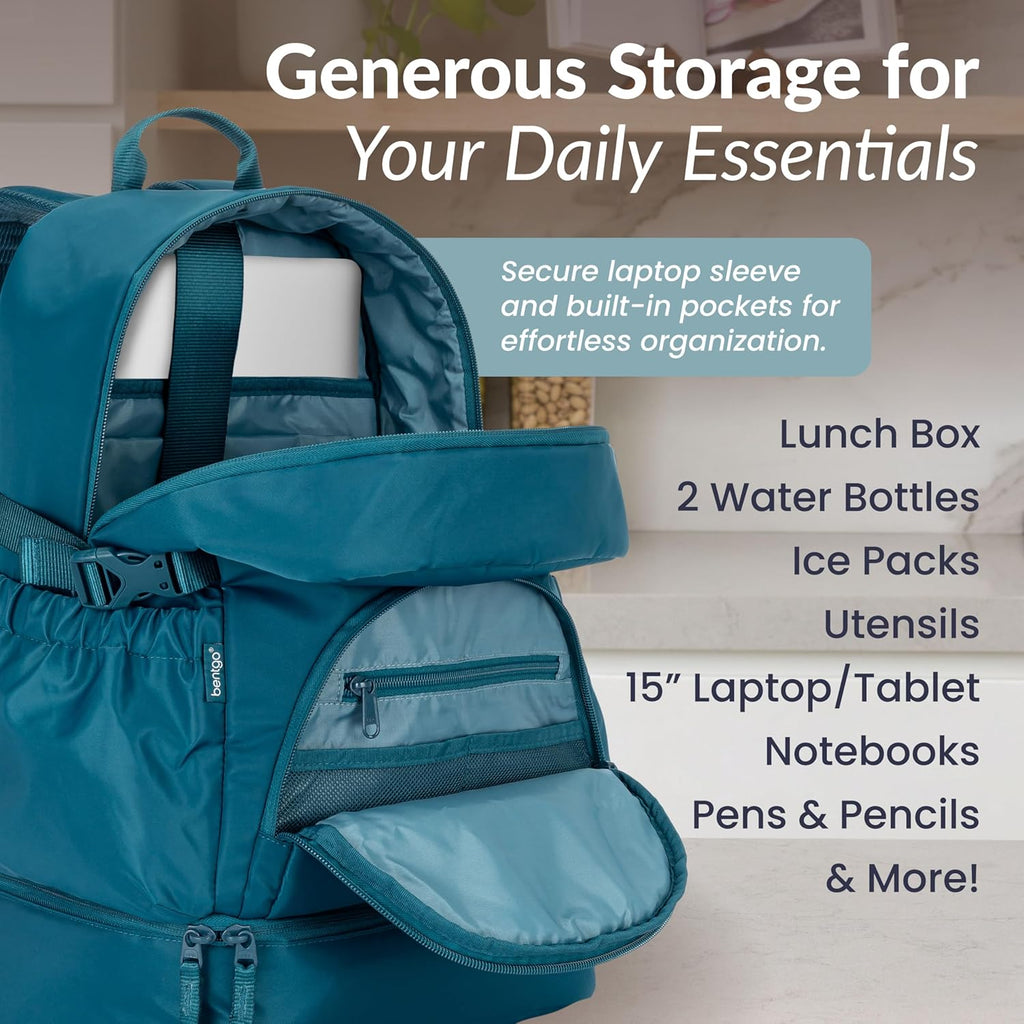Bentgo 2-in-1 Adult Backpack & Insulated Lunch Bag – Lightweight, Water-Resistant Travel Backpack with 9 Compartments, Laptop Sleeve & Trolley Sleeve for Work & Everyday Use (Deep Teal)