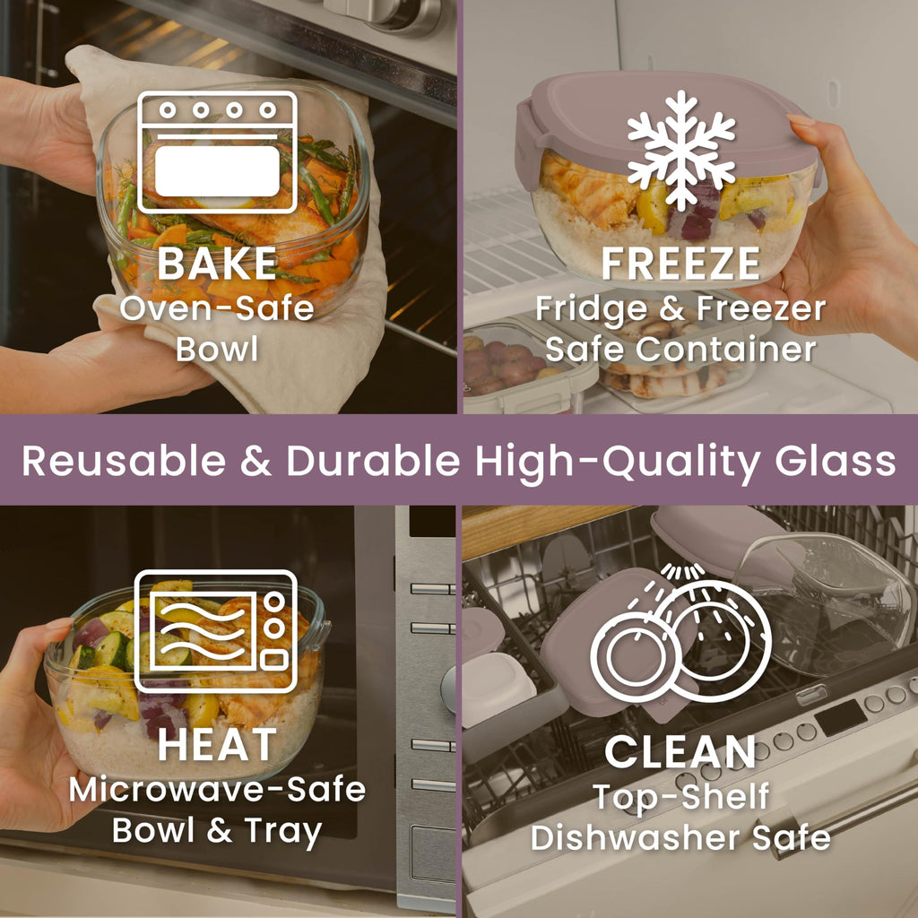 Bentgo Glass Salad Container - 7.6-Cup Salad Bowl with Airtight Lid, Leak-Proof Sauce Container, 4-Compartment Bento Tray & Reusable Fork - BPA-Free for Meal Prep, Office & More (Lavender)