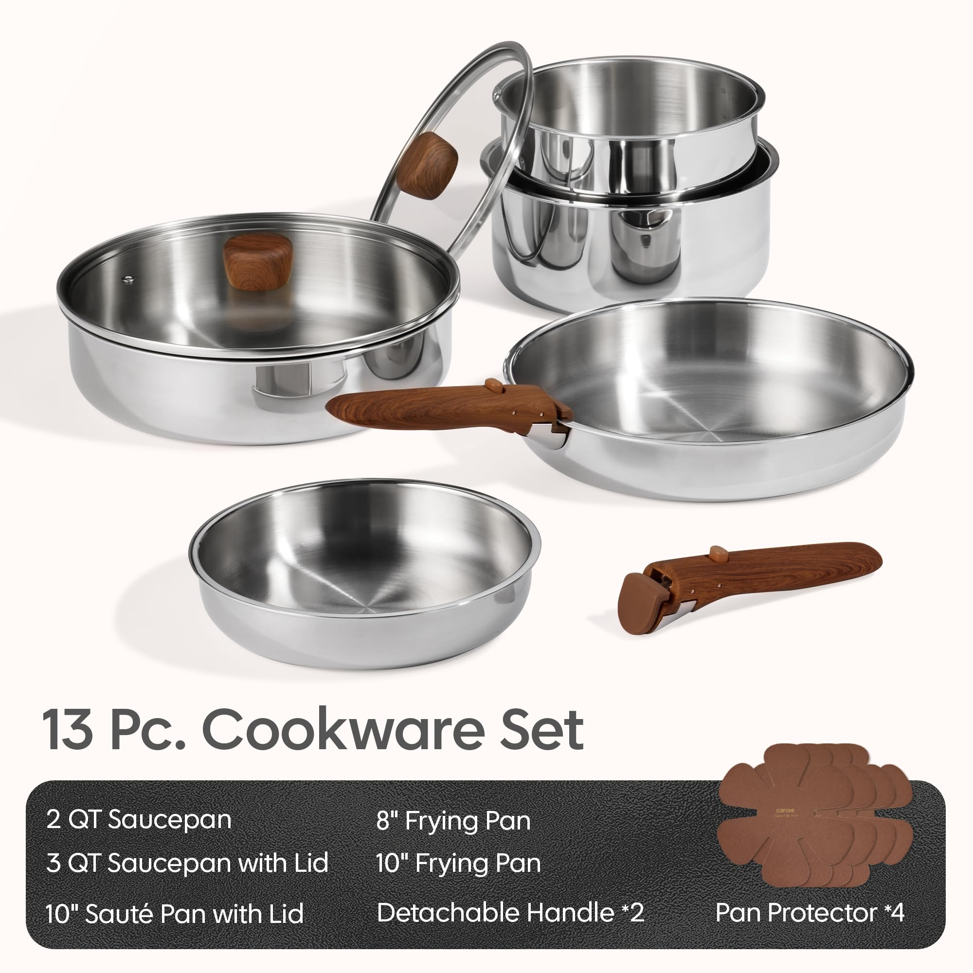 CAROTE 19pcs Stainless Steel Cookware Set with Detachable Handle, Pots and Pans Set, Induction Kitchen Cooking Sets, RV/Camping Cookware, Removable Handle, Oven Safe, Woodgrain