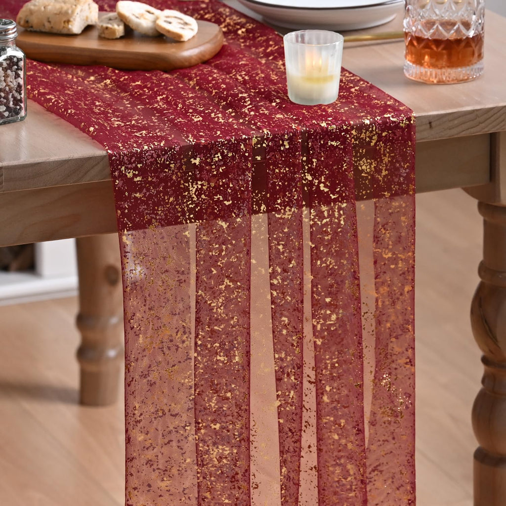 Artoid Mode Beige Gold Gauze Table Runner 120 Inch 10FT, Glitter Metallic Foil Sheer Dining Wedding Anniversary Holiday Birthday Table Decor for Home Party