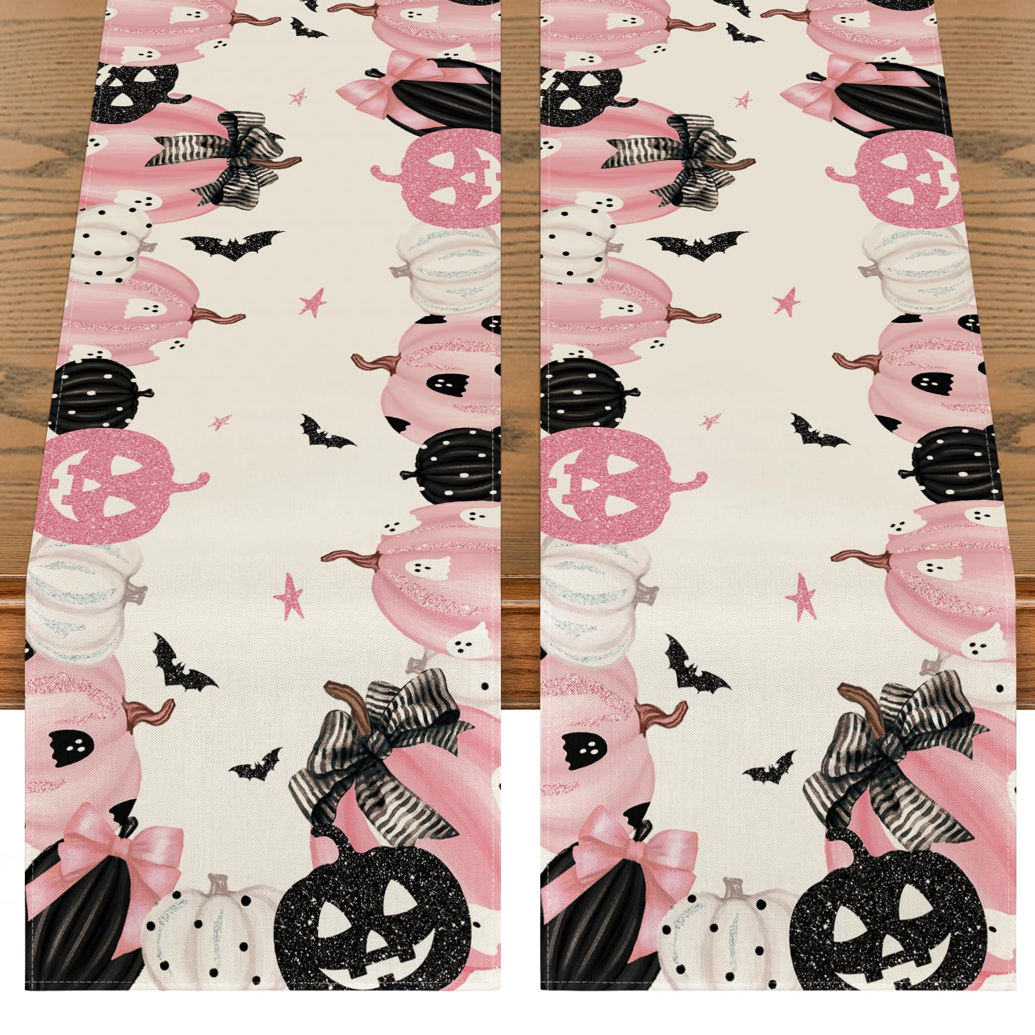 Artoid Mode Pink Jack-O-Lantern Pumpkin Bat Halloween Table Runner, Holiday Kitchen Dining Table Decoration for Indoor Outdoor Home Party Decor 13 x 72 Inch