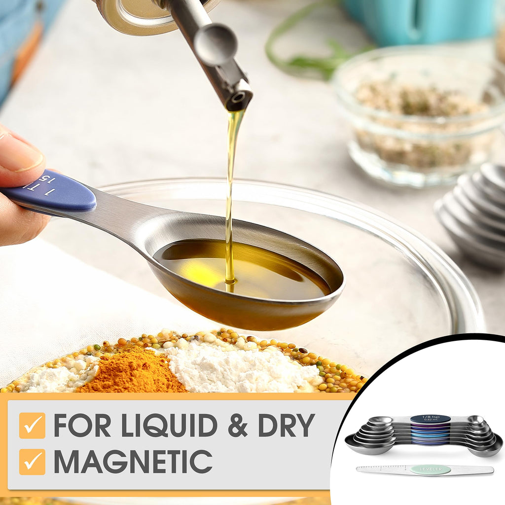 Spring Chef Stainless Steel Magnetic Measuring Spoons Set with Strong N45 Magnets, Heavy Duty Metal Kitchen Gadgets for Baking & Cooking, Fits in Most Kitchen Spice Jars, Set of 8 with Leveler, Black