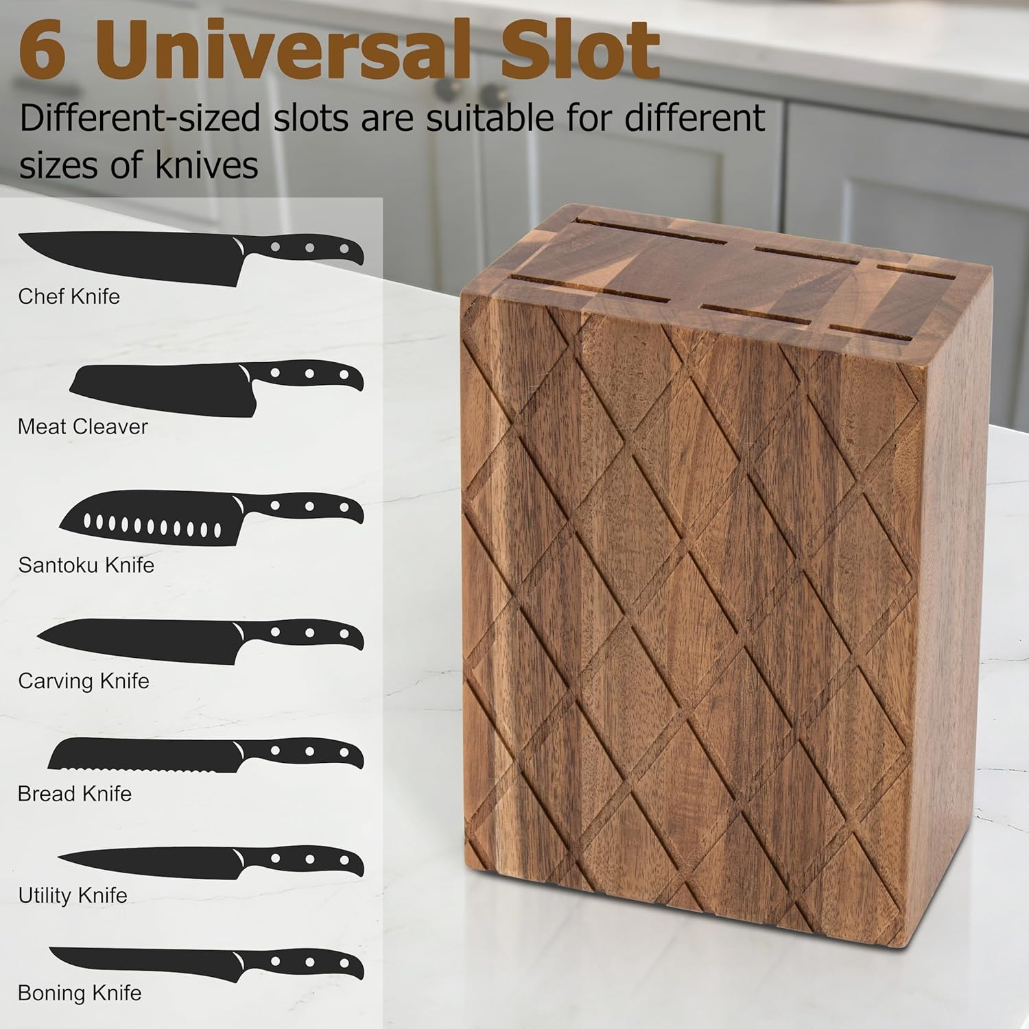 RedCall Universal Knife Block,6 Slot Acacia Wood Kitchen Knife Holder,Well Made Elegant Knives Storage Organizer for Countertop