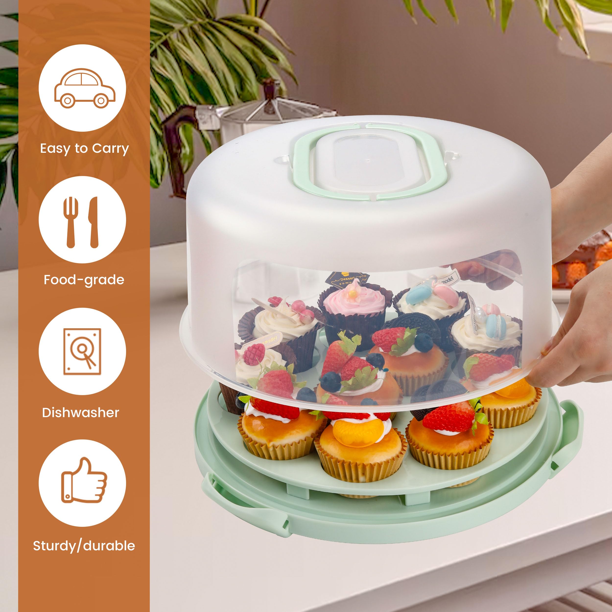 Green Cake Containers with Lids Round Plastic Cupcake Holders 4-in-1 Multipurpose Cake Carrier Holder for 11 Inch Cake Pies Cupcake Eggs Fruit or Snack Transport