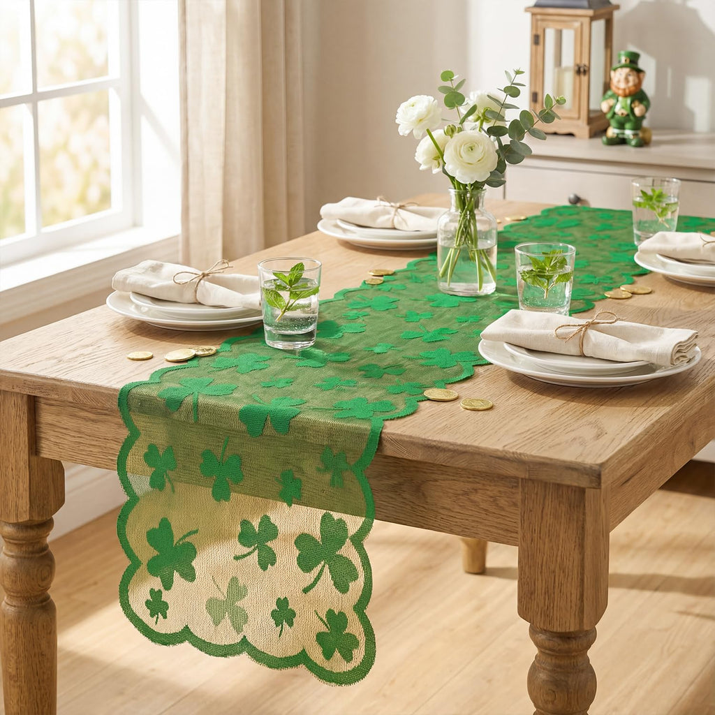 Artoid Mode Lace Jacquard Shamrock Clover Lucky St Patrick's Day Table Runner, Kitchen Dining Table Decoration for Home Party Decor 13x72 Inch