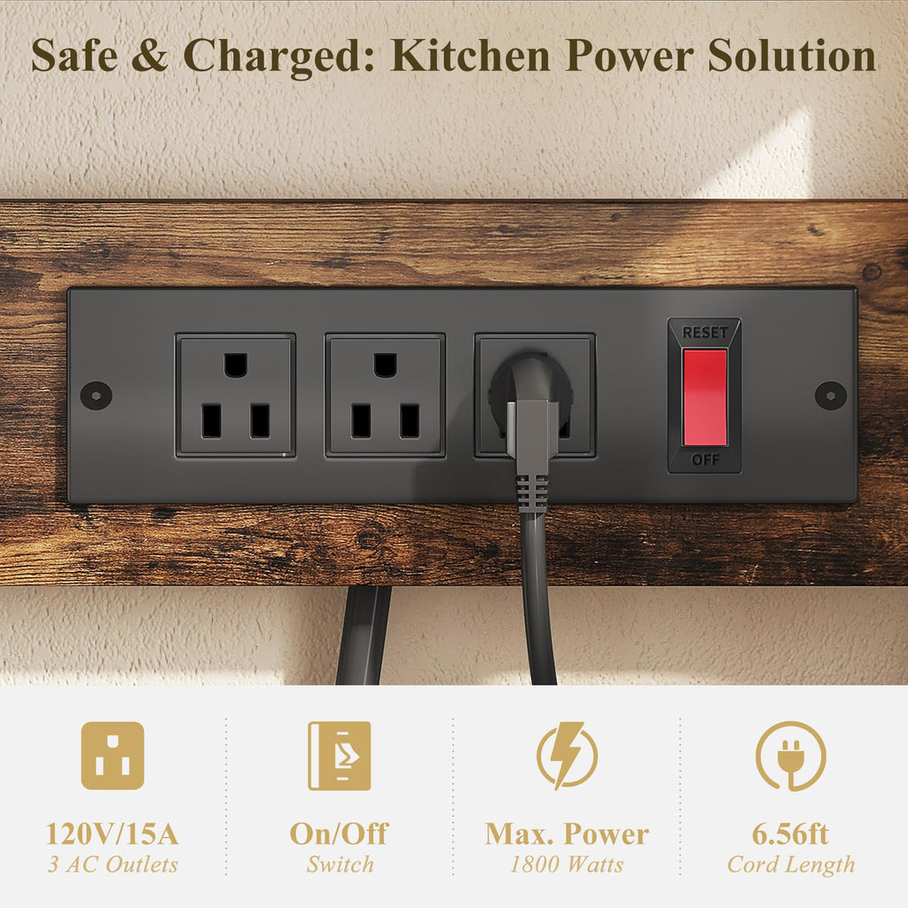 Baker Rack with Power Outlet - Microwave Stand with Storage, Large Coffee Bar Station with 14 Hooks, Metal Kitchen Shelf Rack for Spices, Pots (Rustic Brown) | with Power Outlet, with Storage, with 14 Hooks, for Spices, for Pots