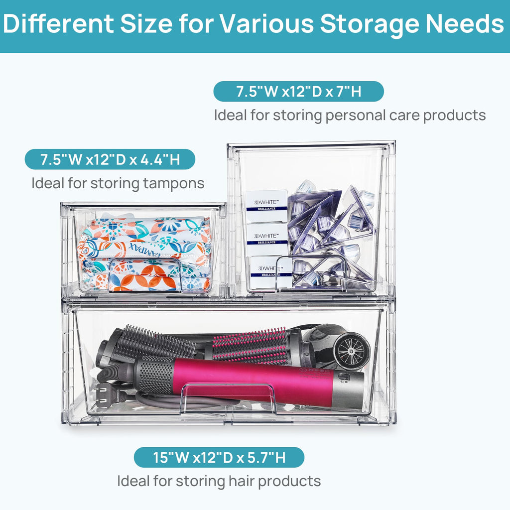 Vtopmart 3 Pack Stackable Storage Drawers, Easily Assemble Acrylic Bathroom Undersink Organizers,Clear Plastic Storage Bins for Closet,Cabinet,Pantry,Medicine Organization