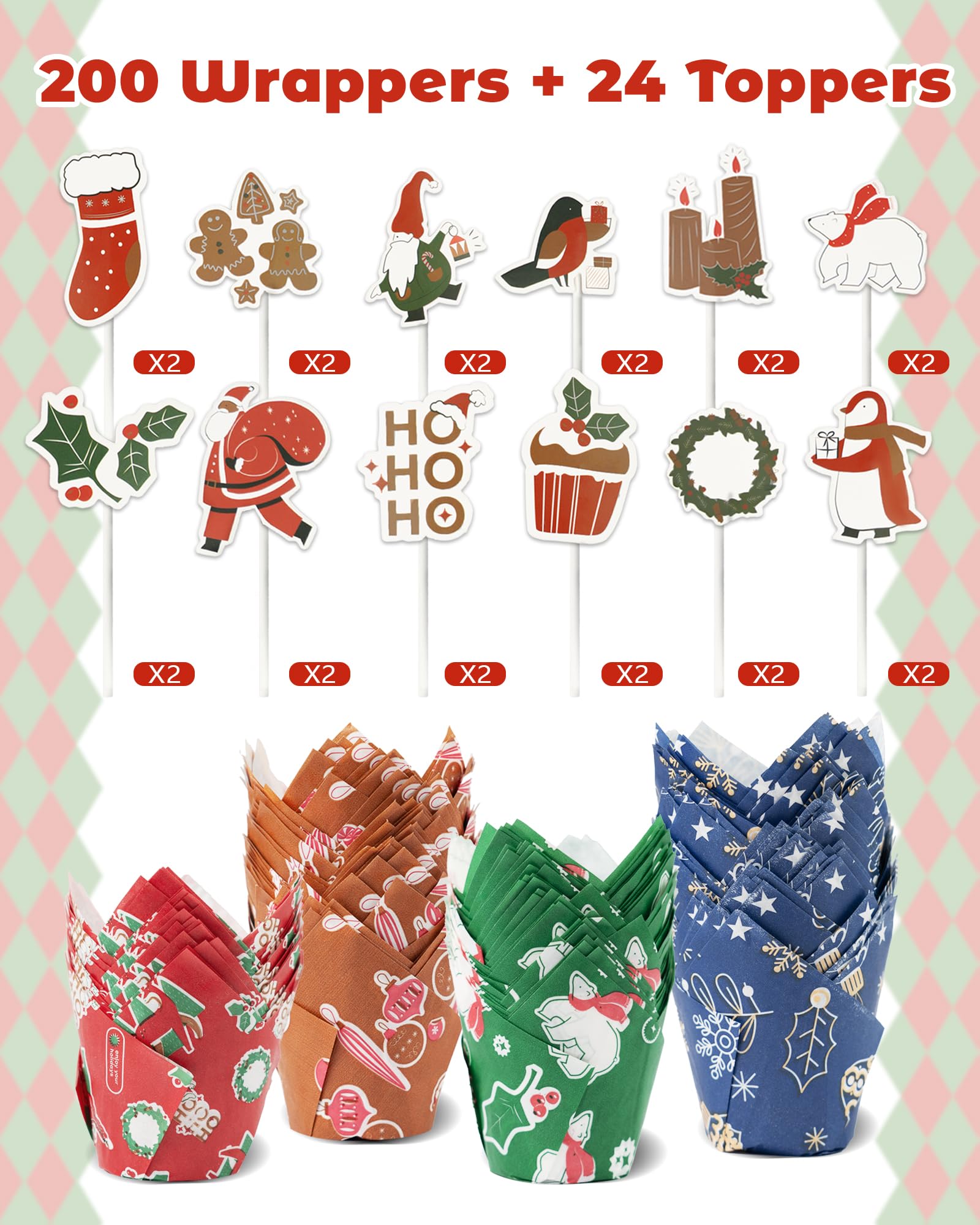 200 Pcs Christmas Tulip Cupcake Liners with 24 Pcs Cupcake Toppers, Cupcake Liners, Tulip Cupcake Liners for Baking, Standard Tulip Muffin Liners for Christmas Holiday