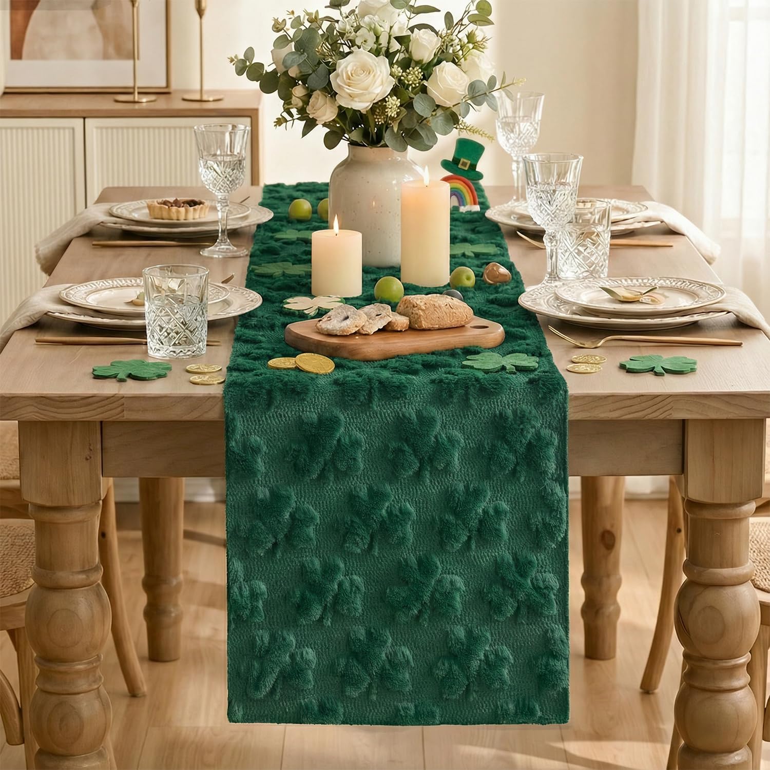 Artoid Mode Green Soft Plush Faux Fur Jacquard Lucky Clover St. Patrick's Day Table Runner, Seasonal Spring Kitchen Dining Table Decoration for Home Party Decor 13x72 Inch