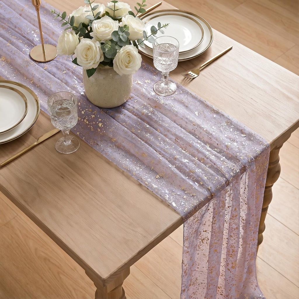 Artoid Mode Beige Gold Gauze Table Runner 120 Inch 10FT, Glitter Metallic Foil Sheer Dining Wedding Anniversary Holiday Birthday Table Decor for Home Party
