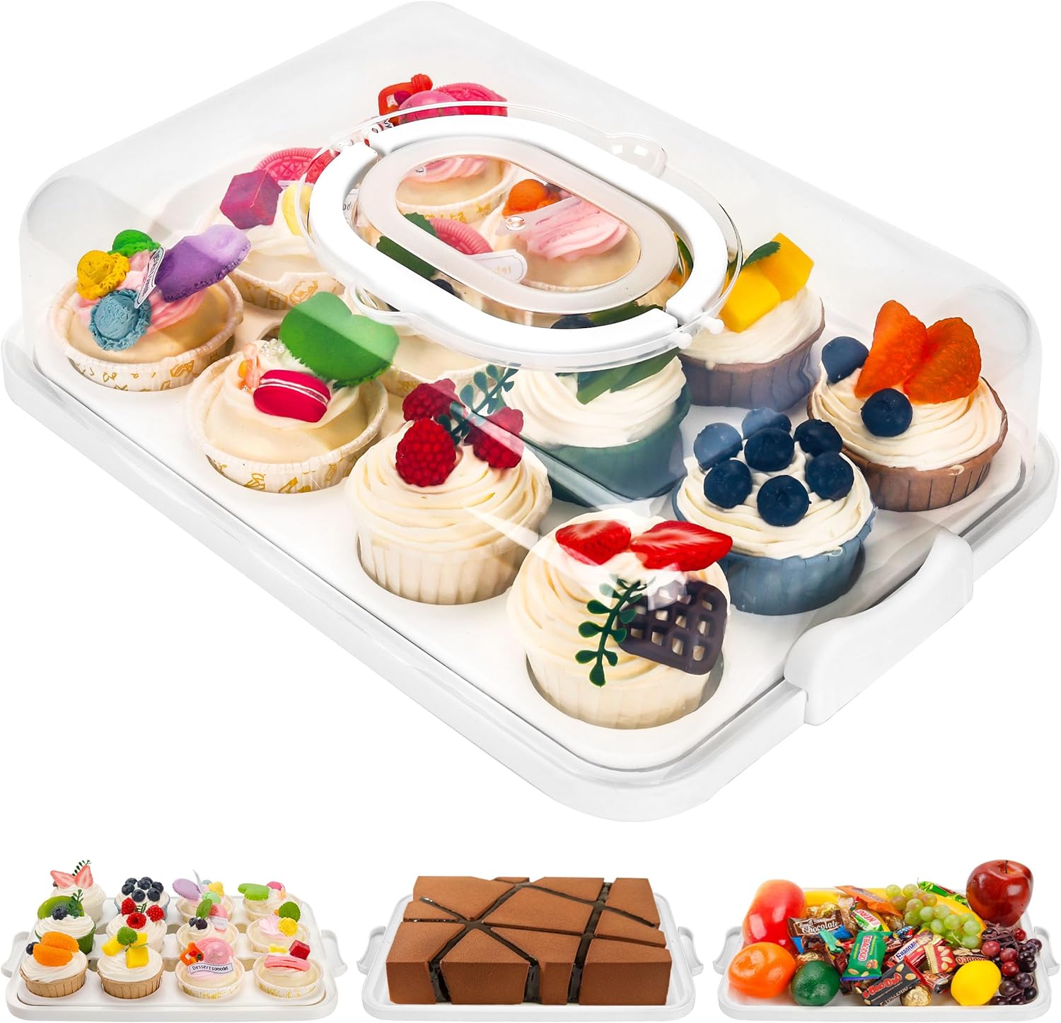 Cupcake Containers with Lid Rectangular Cake Carrier 3-in-1 Multipurpose Cupcake Holder for Muffins Pies Sweets Pastries Fruit or Snacks (White, 13" x 9" x 4")