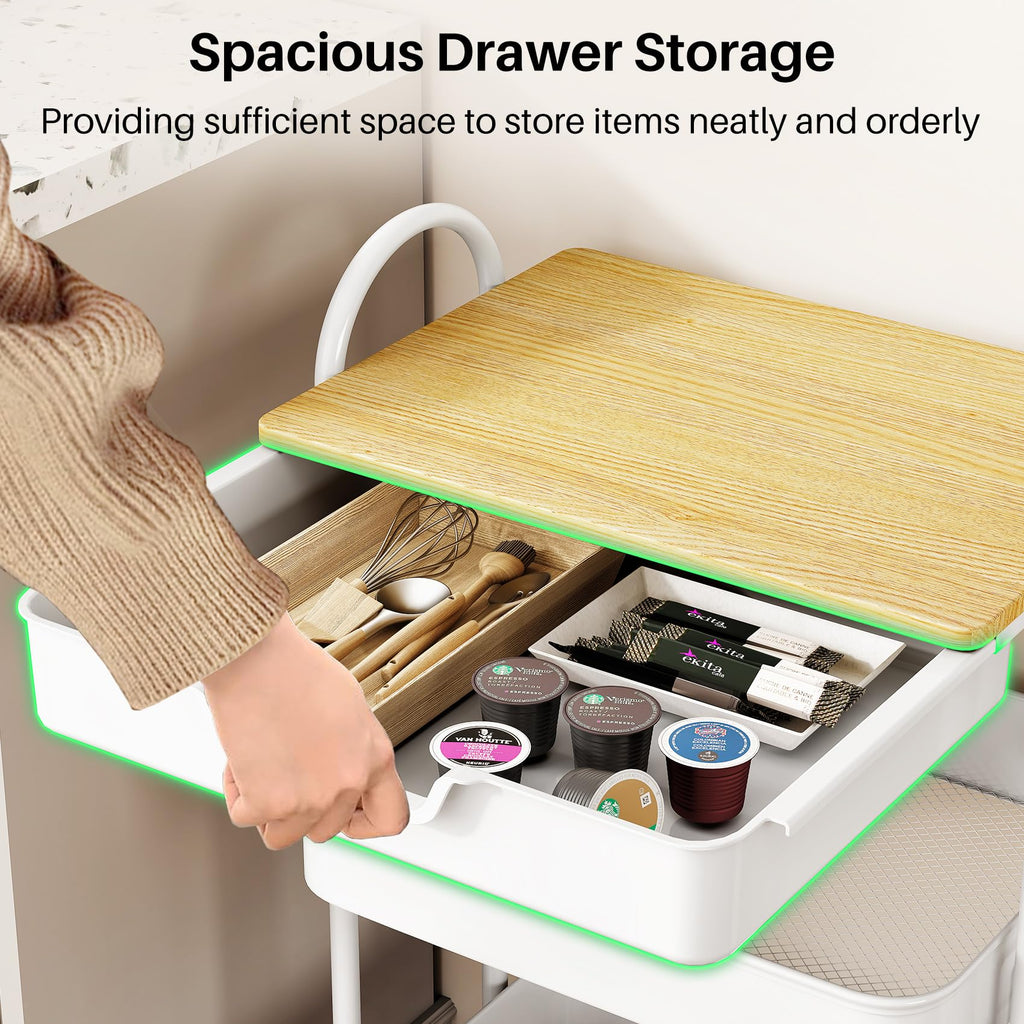 SNTD 3 Tier Utility Rolling Cart with Wheels - Smooth Sliding Drawers, Wooden Tabletop, Hanging Buckets for Kitchen, Art Room, Office, Bathroom (White)