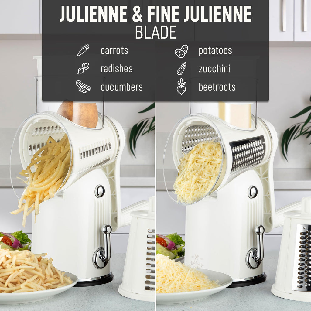 Zulay Kitchen Rotary Cheese Grater 5 Blade Cheese Shredder - Manual Hand Crank Cheese Grater With Reinforced Suction & 5 Interchangeable Drums - Easy to Use, Vegetable Chopper Round Mandoline Slicer
