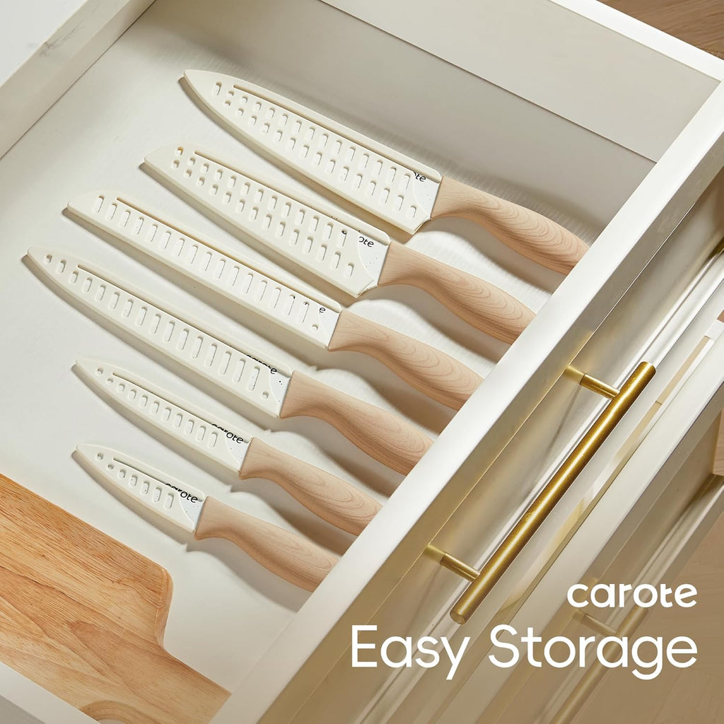 CAROTE 12PCS Knife set with Blade Guards,Granite Nonstick Ceramic Coating,Stainless Steel blade, Wood Grain Handle, Essential knife set,White