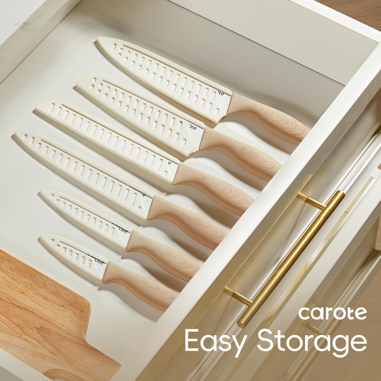 CAROTE 12PCS Knife set with Blade Guards,Granite Nonstick Ceramic Coating,Stainless Steel blade, Wood Grain Handle, Essential knife set,White