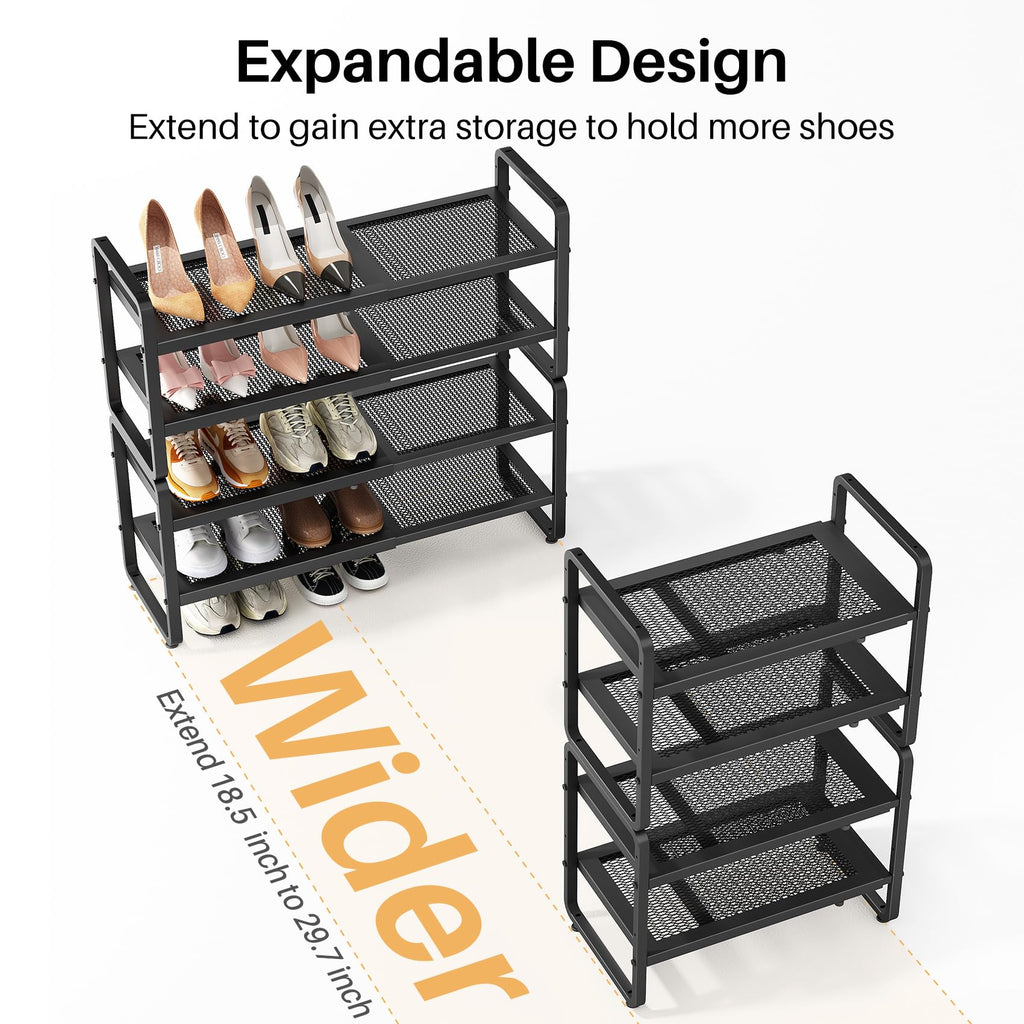 SNTD Shoe Rack - Expandable Shoe Organizer for Closet, Adjustable Metal Shoe Shelf Storage, Stackable Long Shoe Stand Holder for Garage, Entryway, Door Entrance (Black, 2-Tier)