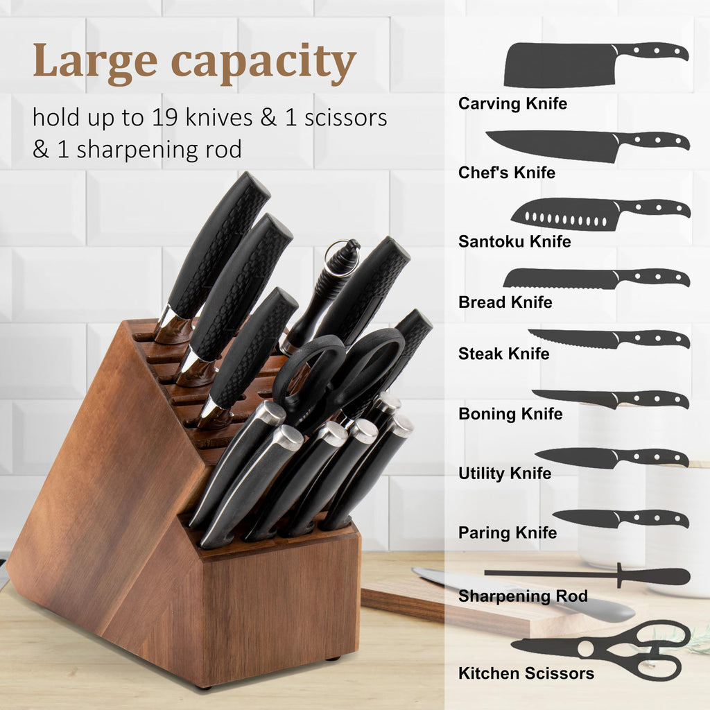 20 Slot Knife Block Storage without Knives,Acacia Wood Universal Knife Holder for Kitchen Countertop,Large Butcher Block Organizer,Easy Kitchen Knife Storage (Black)