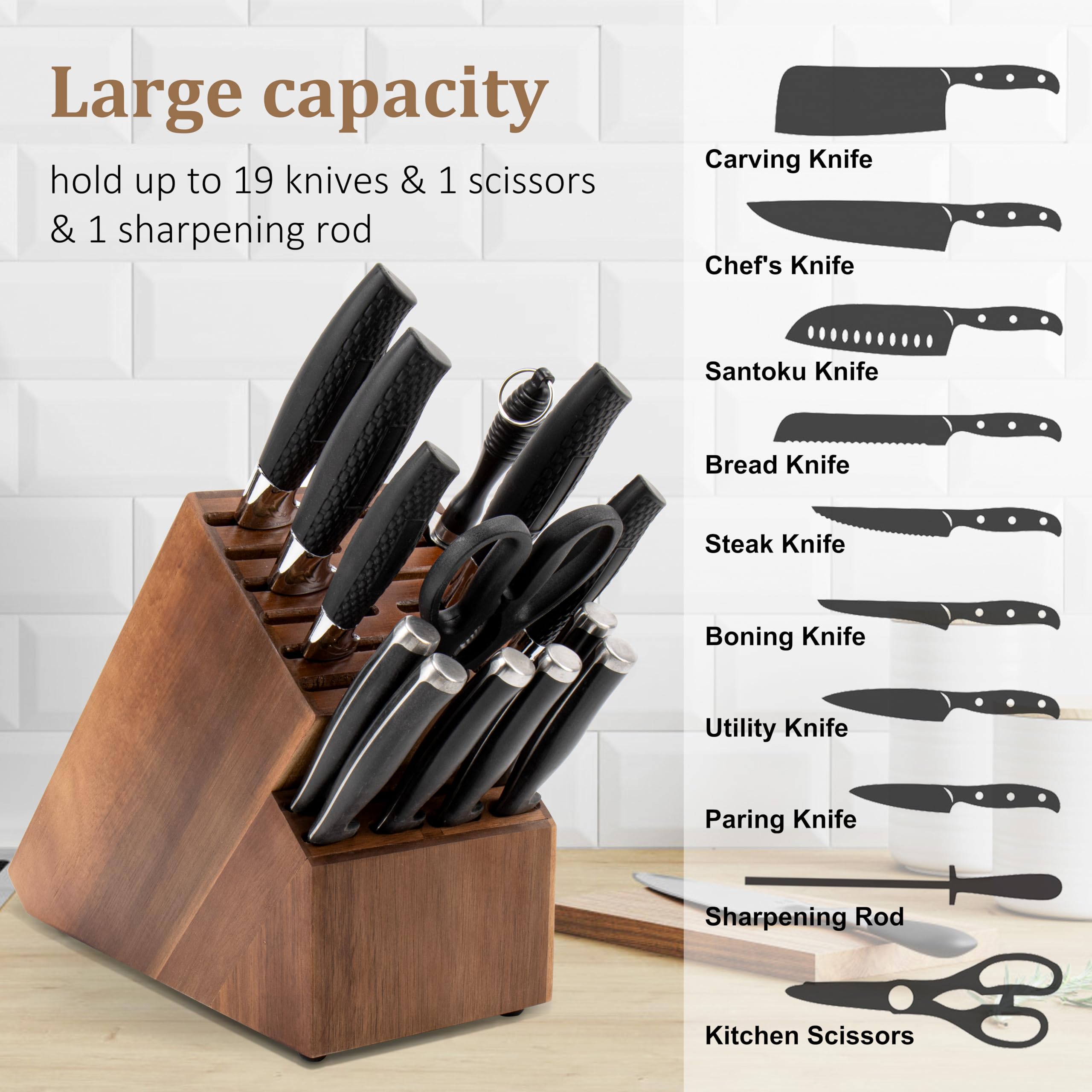 20 Slot Knife Block Storage without Knives,Acacia Wood Universal Knife Holder for Kitchen Countertop,Large Butcher Block Organizer,Easy Kitchen Knife Storage (Black)