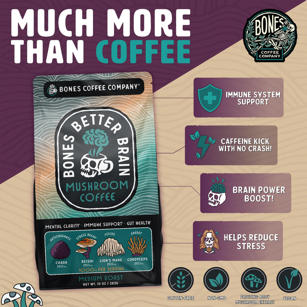 Bones Coffee Company Better Brain Mushroom Coffee - Medium Roast Low Acid Arabica Beans - Ground or Whole Bean - Reishi, Chaga, Lion's Mane, Cordyceps Mushroom Blend - 10 Oz