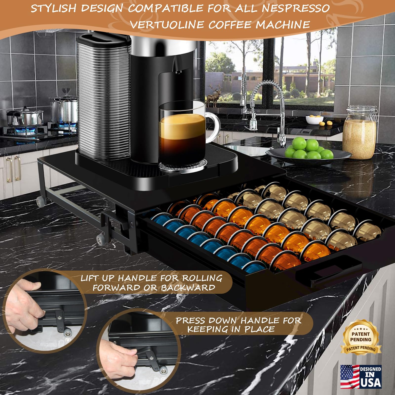 Vertuo Pod Holder Drawer with Deluxe Black Tempered Glass Top, Compatible for Nespresso VertuoLine Pods, Holds up to 75 Small or 50 Big Vertuo Pods Compact Design (Piano Black Nespresso Pods Holder)