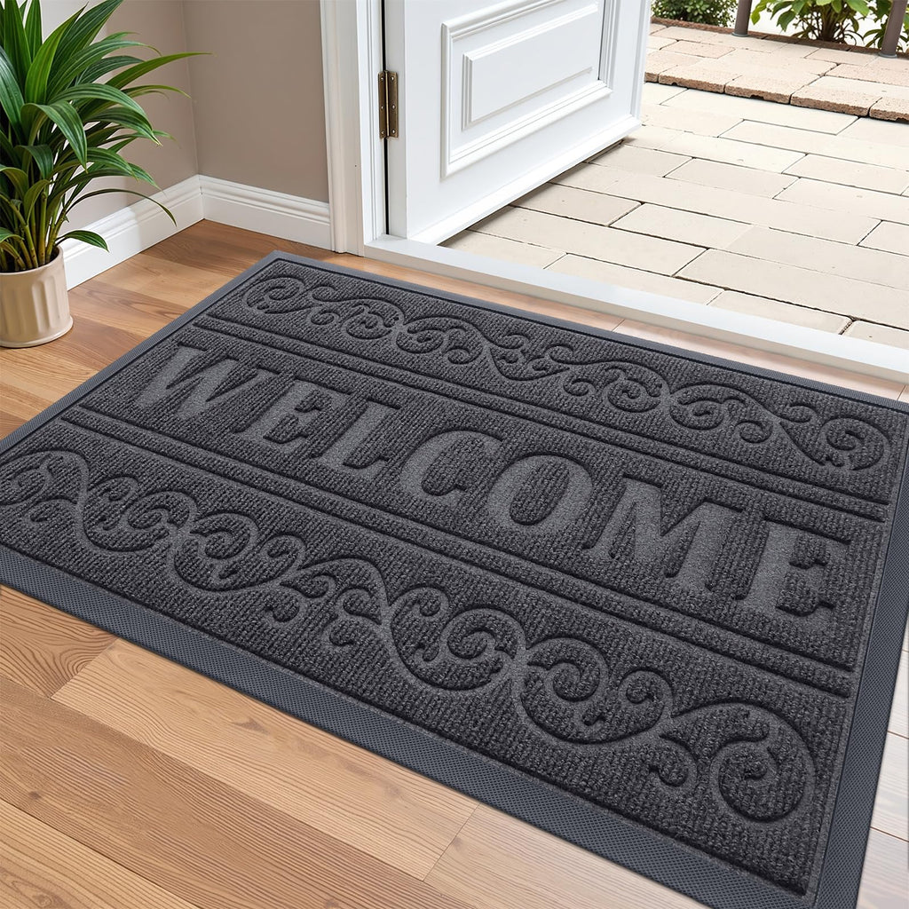 OLANLY Front Door Mat Outside Entrance 29.5x17, Absorbent, Heavy Duty Sturdy Natural Rubber Doormat Indoor Outdoor, Stain and Fade Resistant, Non-Slip Backing Low Profile Floor Mat for Entryway, Grey