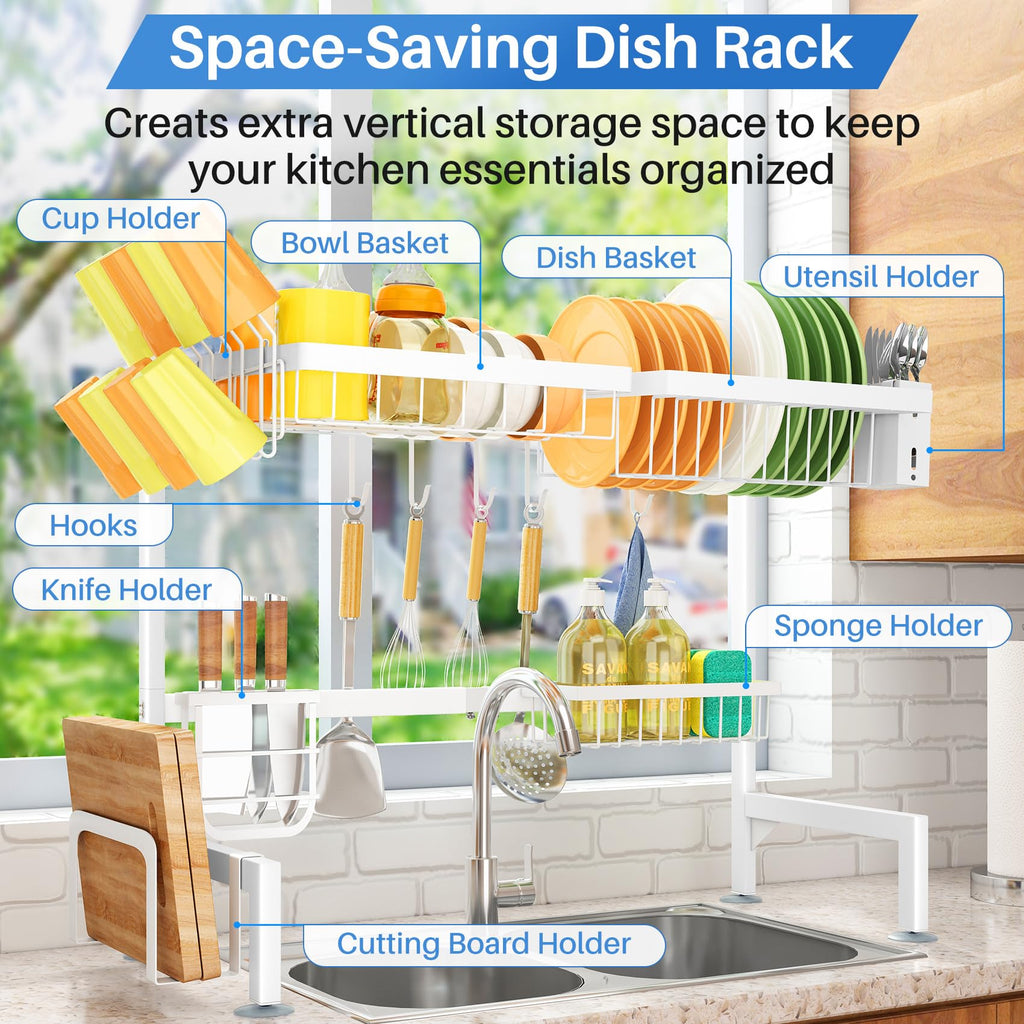 SNTD Over The Sink Dish Drying Rack - Adjustable Dish Rack for Kitchen Counter, Metal (Black)
