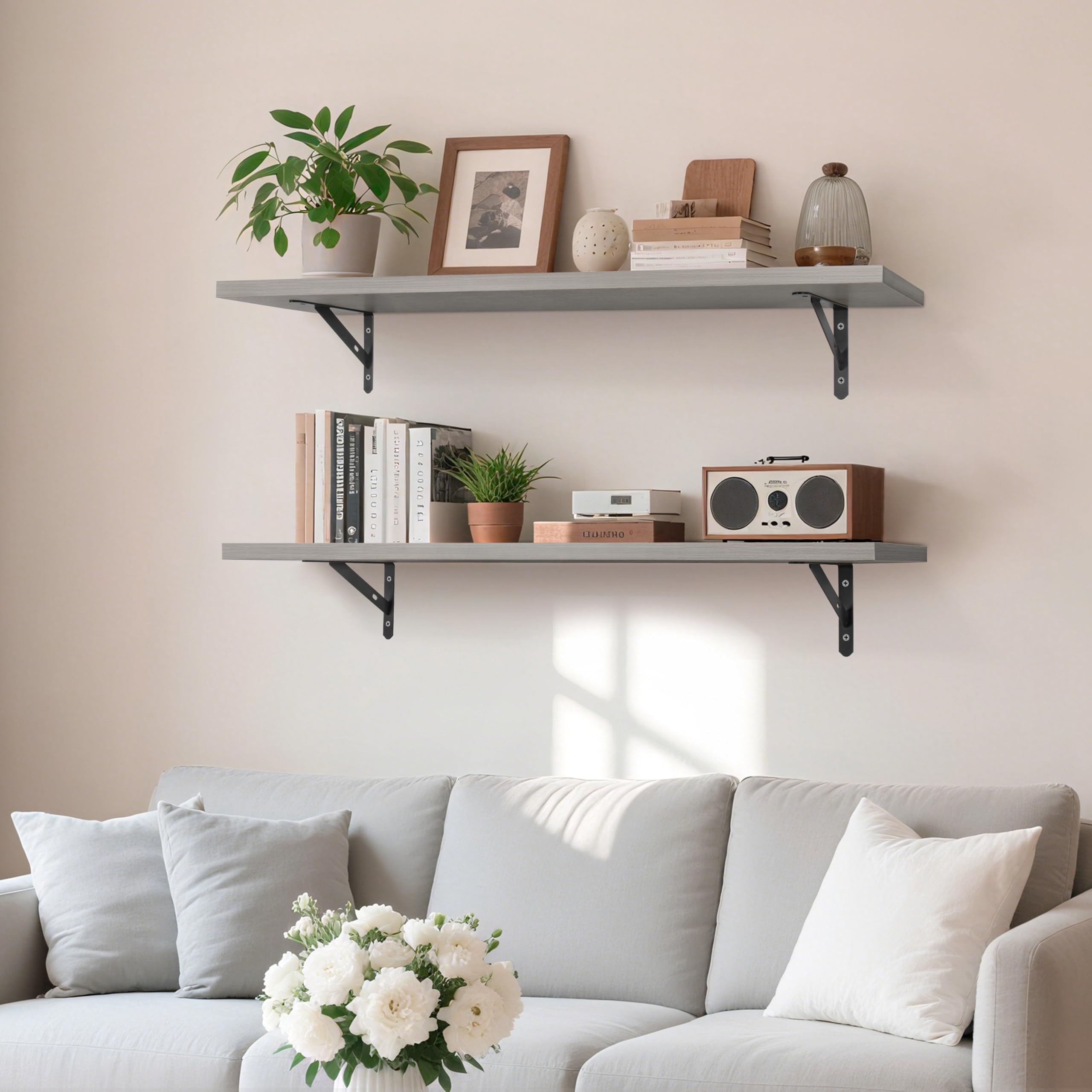 RedCall Floating Shelves for Wall,31.5 Inch Wall Mounted Shelves Set of 2,Long Board Shelves for Bedroom,Living Room, Bathroom & Kitchen Storage with Metal Brackets (Black)