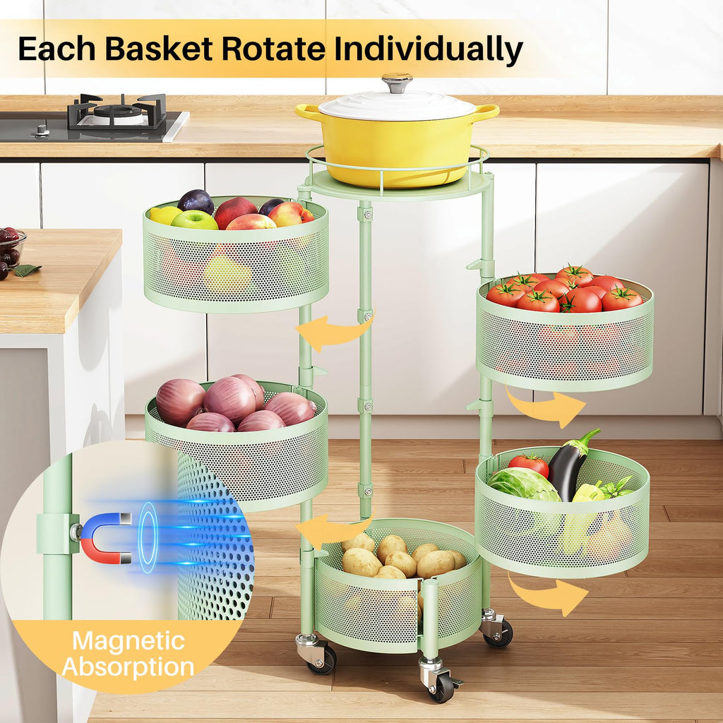 SNTD Fruit and Vegetable Basket Bowls for Kitchen with Metal Top Lid, 5 Tier Rotating Storage Rack Cart for Potato Onion Bread Banana, Wire Basket Organizer on Wheels, Large, Black