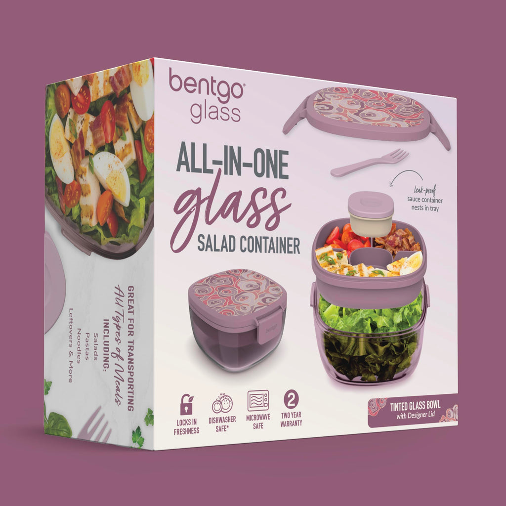 Bentgo Glass Salad Container - 7.6-Cup Salad Bowl with Airtight Lid, Leak-Proof Sauce Container, 4-Compartment Bento Tray & Reusable Fork - BPA-Free for Meal Prep, Office & More (Lavender)