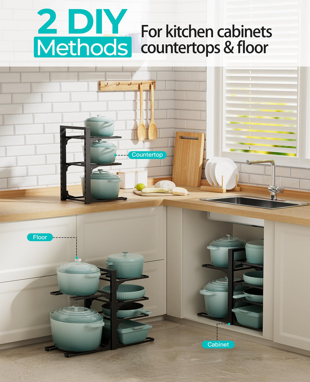 ORDORA Pots and Pans Organizer for Cabinet 16.61 Height, 8 Tier Pot Organizers Rack with 3 DIY Methods, Adjustable Pan Organizer under Cabinet Kitchen Organization and Storage