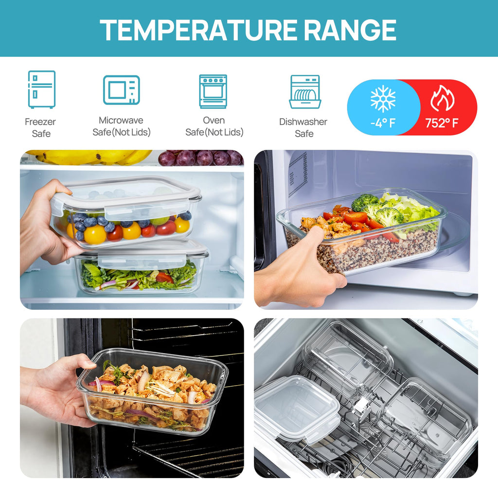 Vtopmart 2Pack 1860ml/63oz Large Glass Storage Containers with Lids, Meal Prep Food Container Set with Snap Airtight Lid for Baking, Microwave, Oven, Leak Proof, for Freezer, Dishwasher, Grey