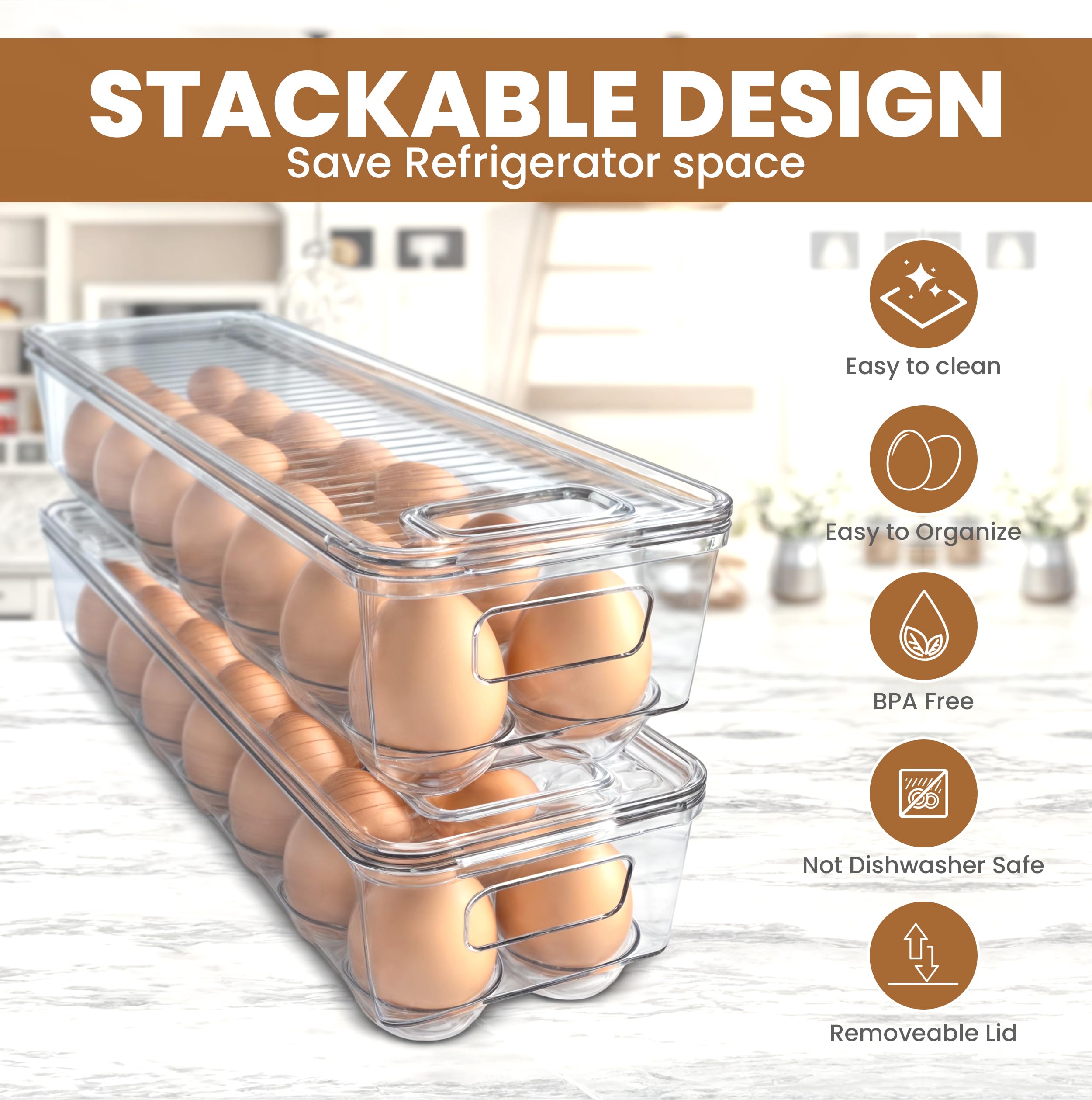 Utopia Home Egg Container With Lid and Handle for Refrigerator Organization- Pack of 2 - Clear Stackable Egg Holder for Kitchen or Pantry Organizers and Storage