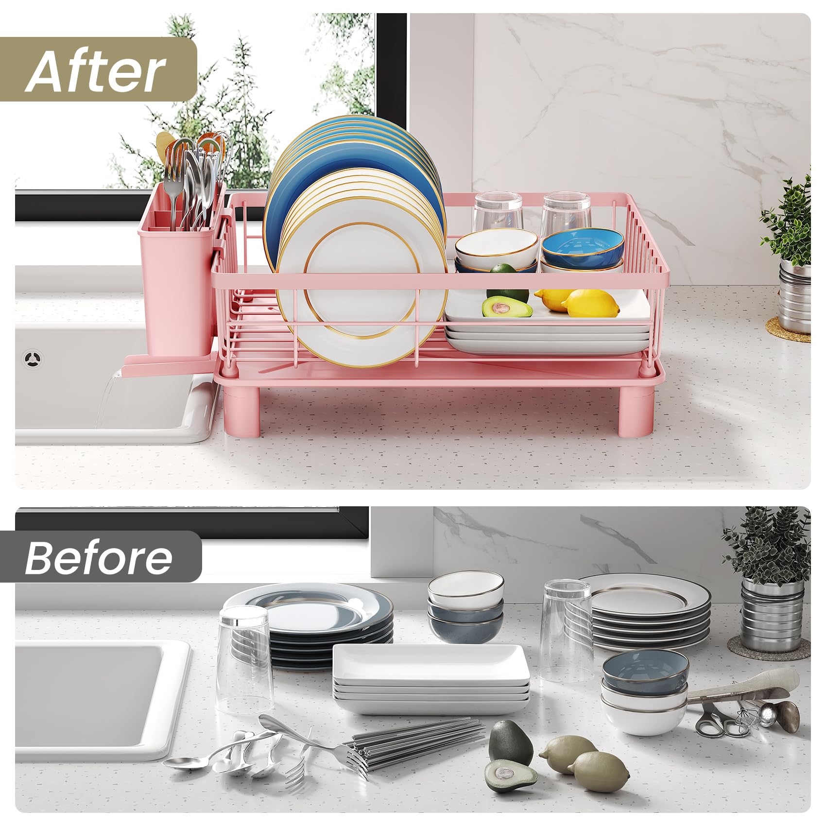 SNTD Dish Drying Rack - Small Dish Rack for Kitchen Counter, Stainless Steel Dish Drainer with Utensil Holder and Drainboard, 11" W x 15" L (Black)