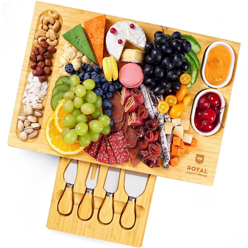 ROYAL CRAFT WOOD Premium Bamboo Charcuterie Board Set - Cheese Platter & Serving Tray & Serving Utensils - Perfect Housewarming Gift, Wedding, Bridal Shower Gift - Ideal for Entertaining and New Home