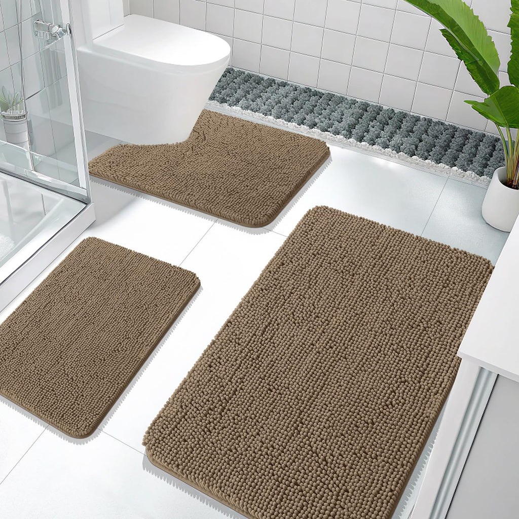 OLANLY Bathroom Rugs Sets 3 Piece, Soft Absorbent Chenille Bath Mats and U-Shaped Contour Toilet Rug, Quick Dry, Home Decor Accessories, Bath Mat Set for Bathroom (30"x20"+24"x16"+24"x20", Grey)