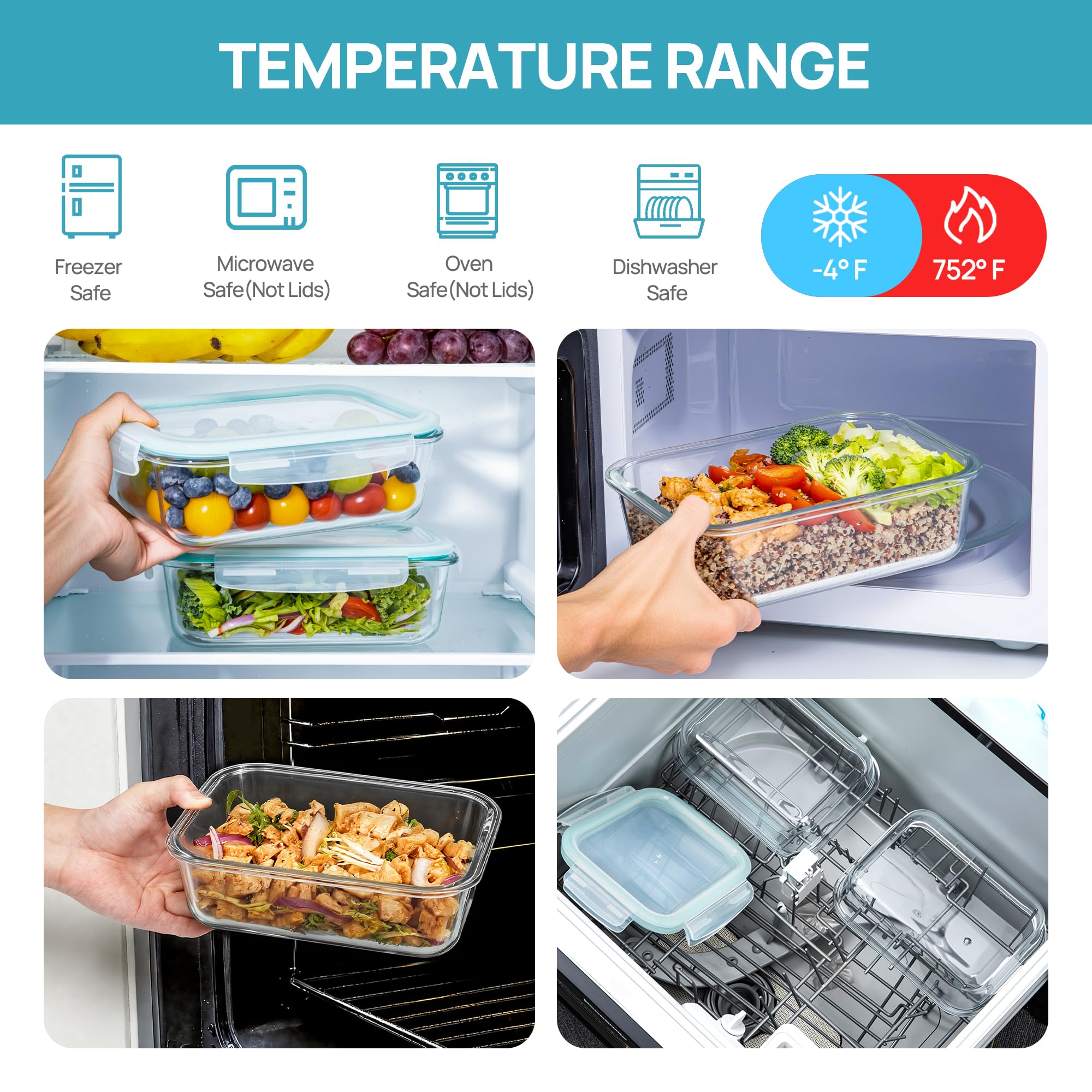 Vtopmart 2Pack 1860ml/63oz Large Glass Storage Containers with Lids, Meal Prep Food Container Set with Snap Airtight Lid for Baking, Microwave, Oven, Leak Proof, for Freezer, Dishwasher, Grey