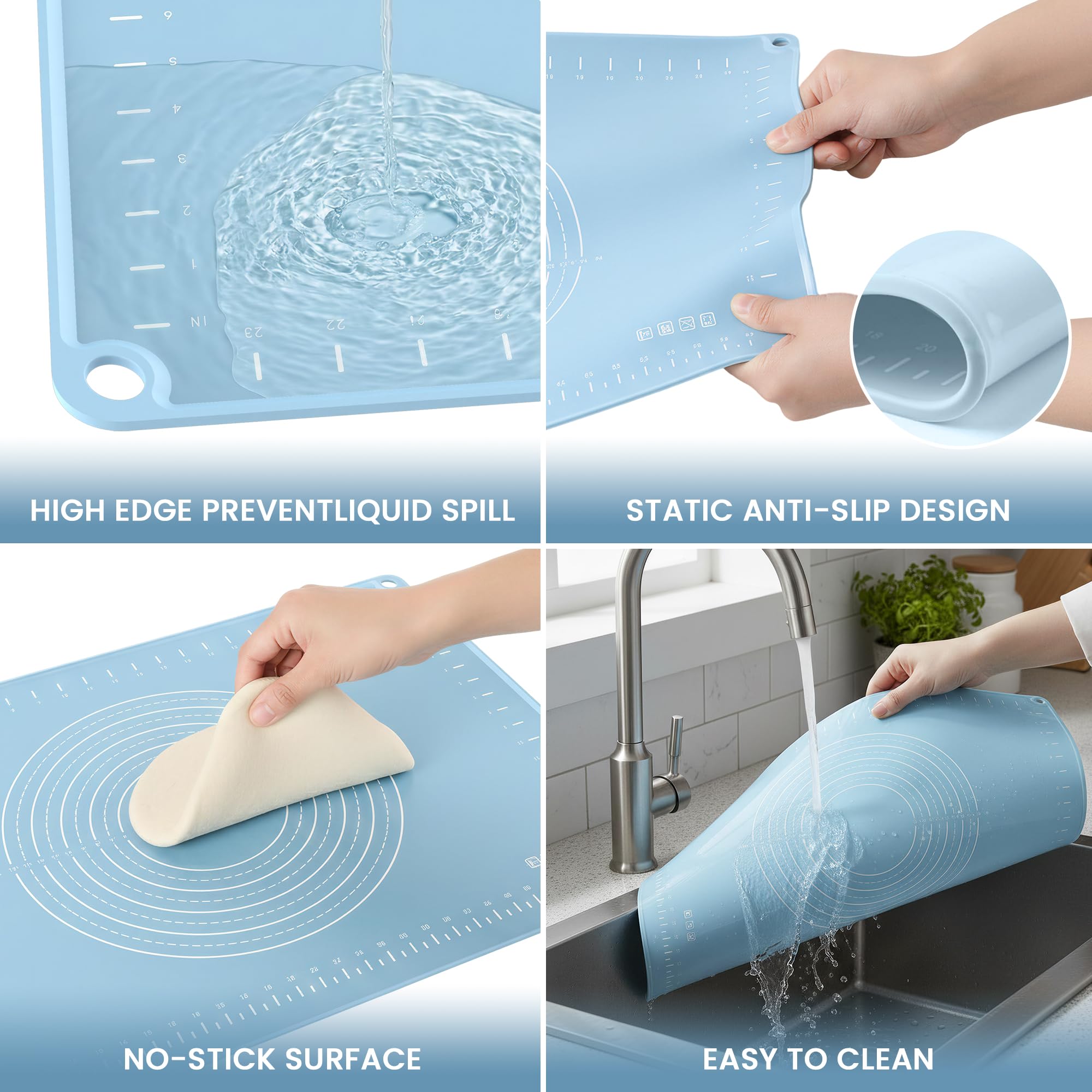 Silicone Baking Mat 28x20 Inches | Extra Thick Dough Rolling Mat with Measurements and Edge Heightening | Non-Stick Food Grade Pastry Mat for Pastry, Bread, Cookies, Pizza, Fondant & Pasta