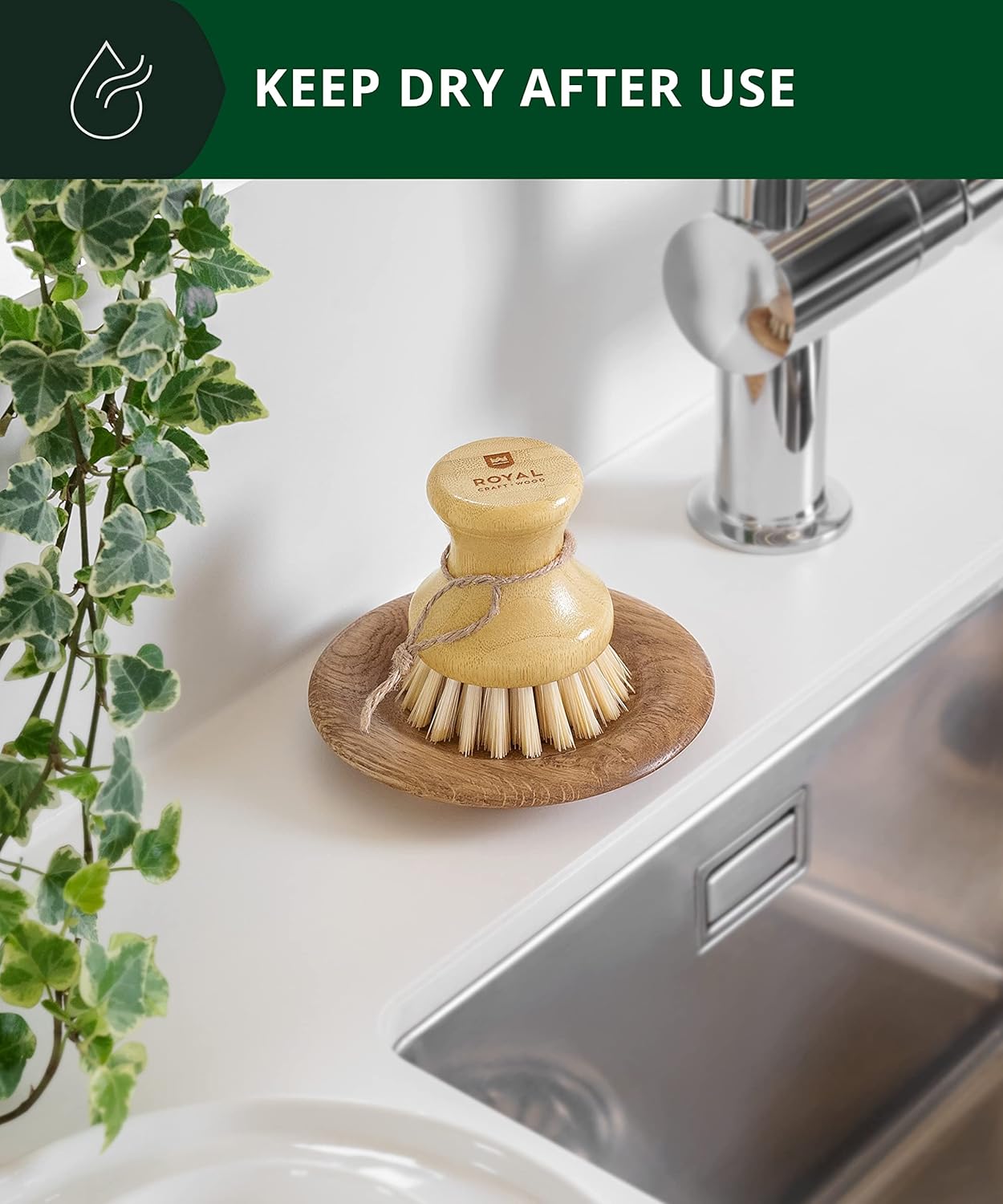 ROYAL CRAFT WOOD Bamboo Dish Scrub Brush w/Handle - Wooden Washing Dish Brush Scrubber for Kitchen - Filrm Bristles Brush with Handle for Sink, Dishes & Vegetables