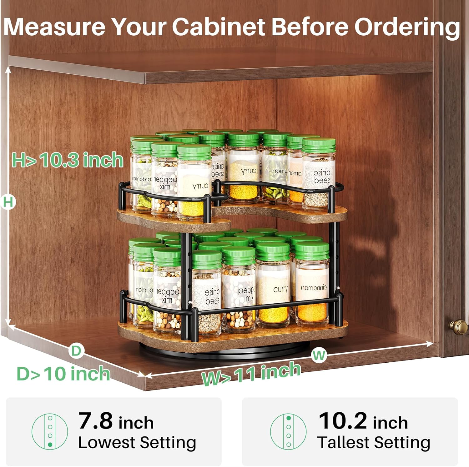 Spice Rack Organization for Cabinet - Height Adjustable Rotating Lazy Susan Organizer, Spice Organizer Fits Cabinets Wide＞ 11 inches, Clearance Height ＞10.5 inches