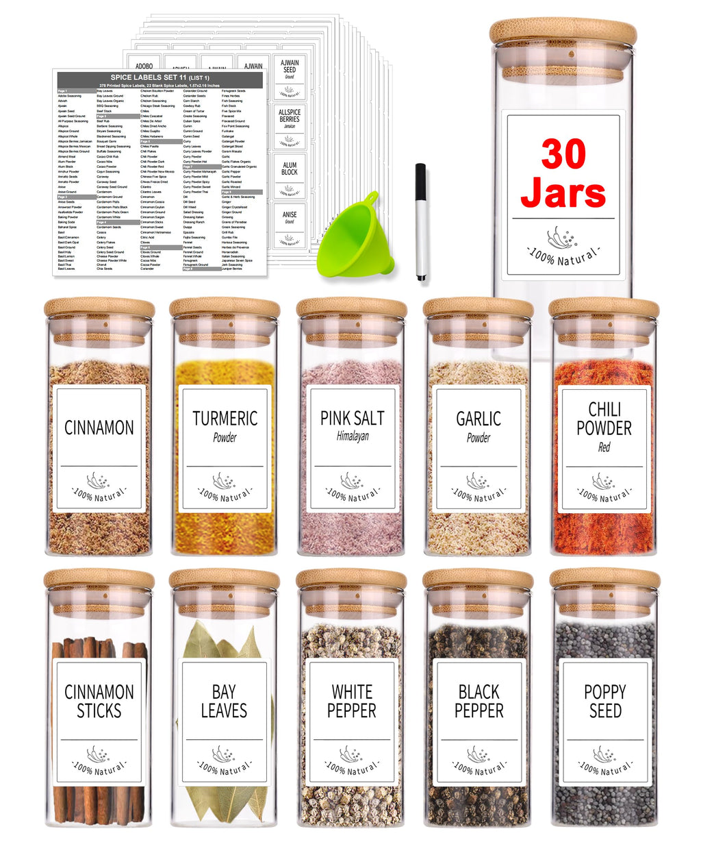Churboro 24 Glass Spice Jars with Bamboo Airtight Lids, 400 Spice Labels, Funnel and Chalk Marker Set Spice Containers, 4 OZ Glass Storage Jars.