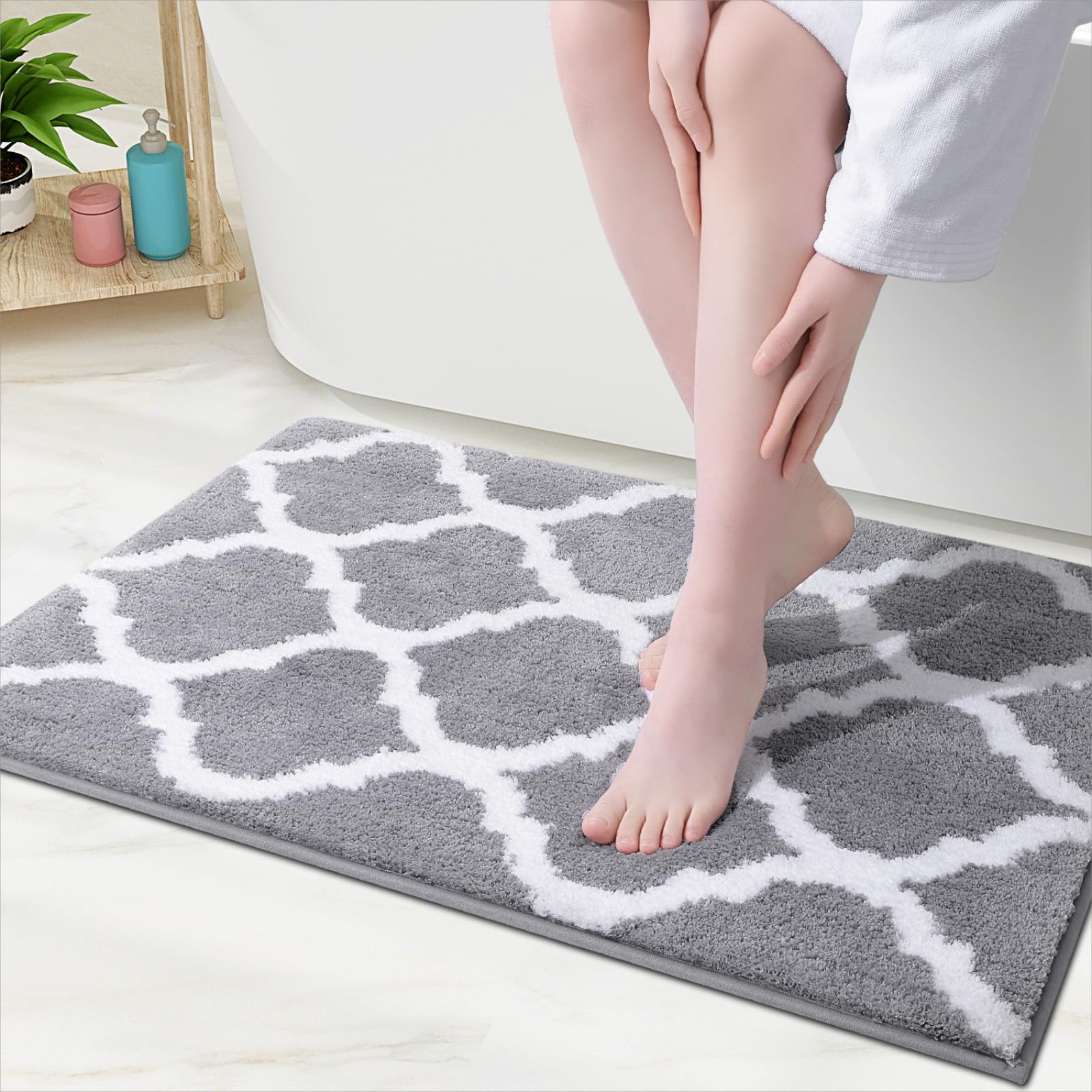 OLANLY Bathroom Rugs 24x16, Soft and Absorbent Microfiber Bath Rugs, Non-Slip Shaggy Shower Carpet, Machine Wash Dry, Bath Mats for Bathroom Floor, Tub and Shower, Grey