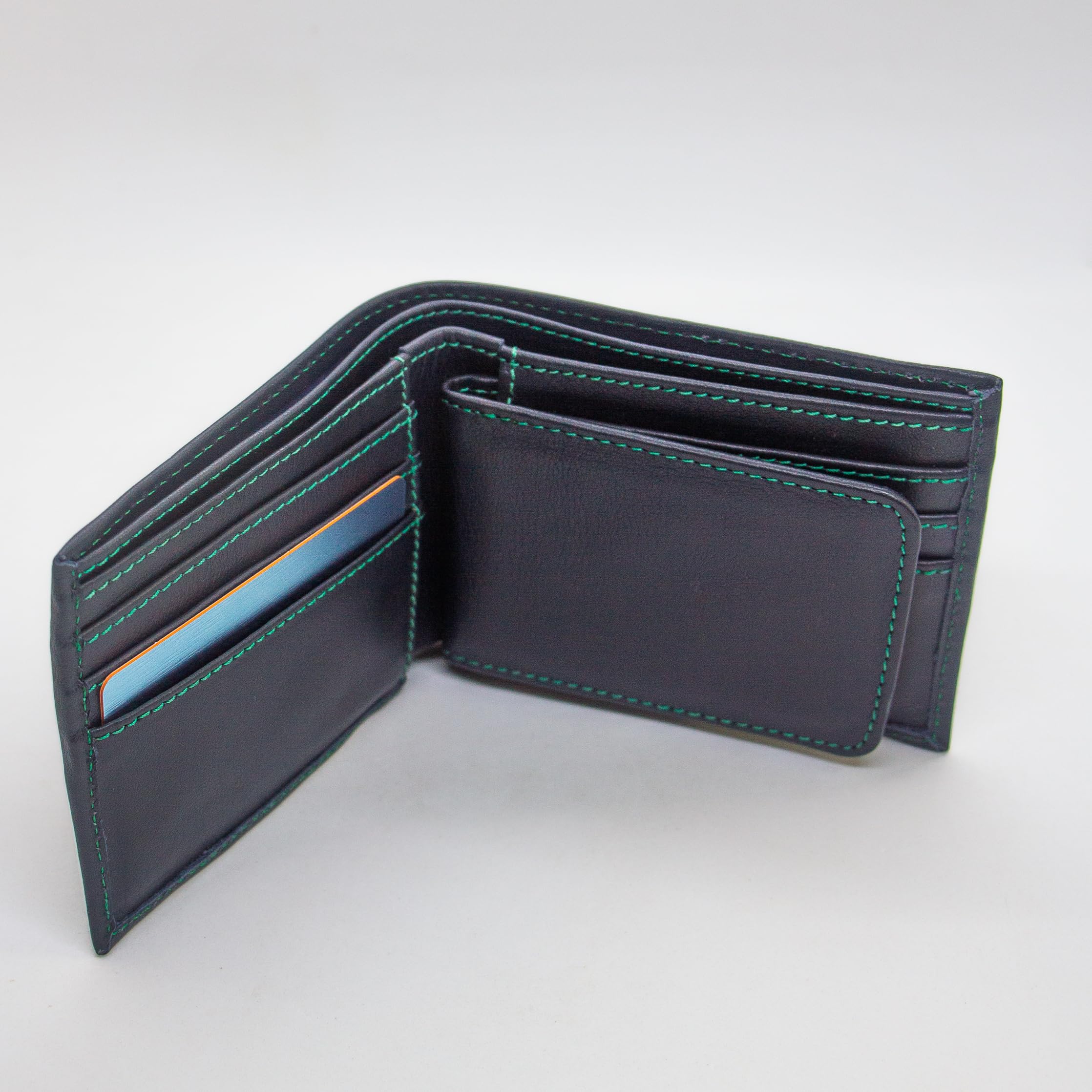 TWIN ENGINE COFFEE Handcrafted Leather Wallet, Extra Capacity Bifold Wallet with Bonus Insert + 2 ID Windows, Hand Stitched Top Grain, Slim Billfold with 8 Card Slots, Origin Creations (Deep Ocean)