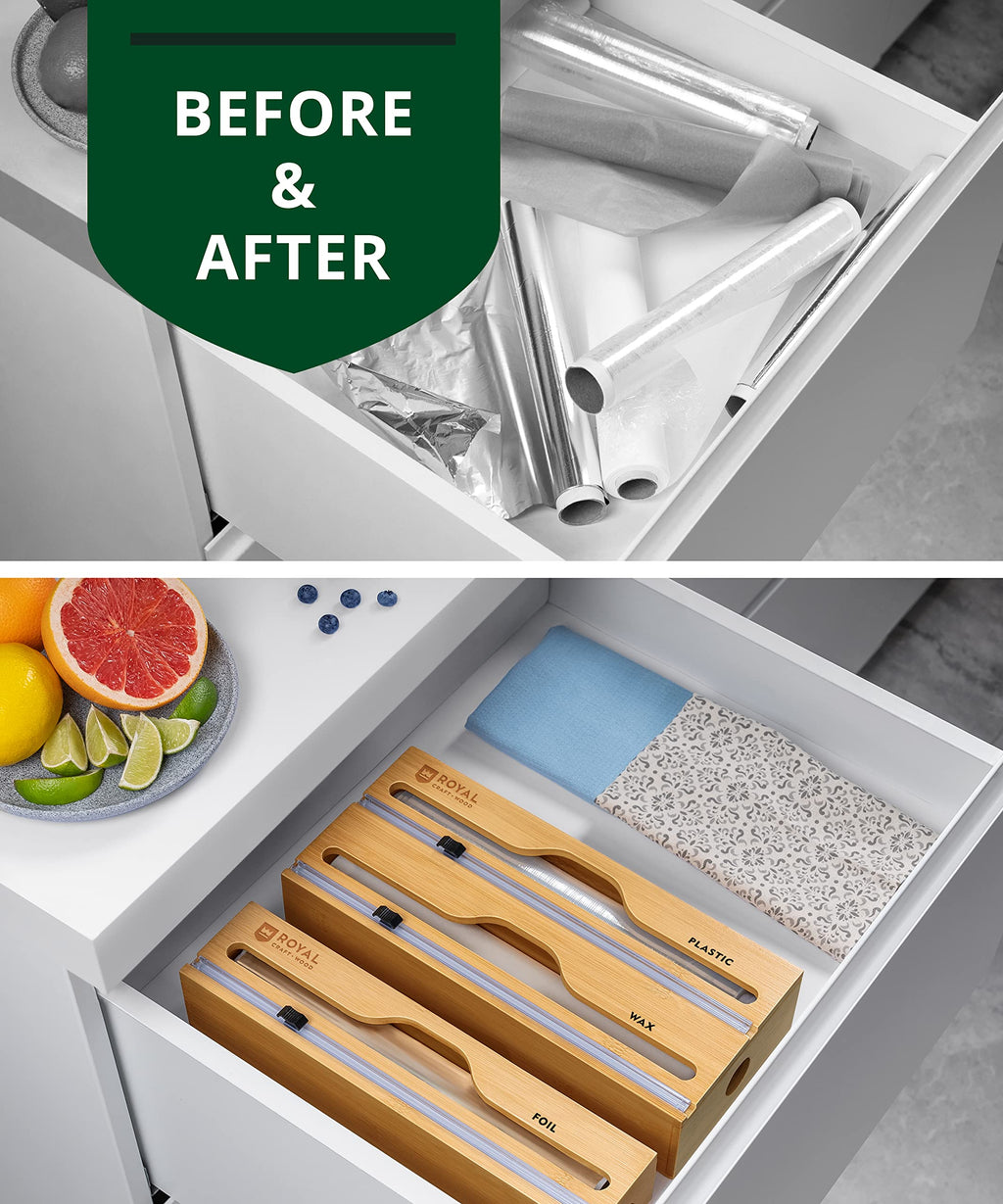 ROYAL CRAFT WOOD Bamboo Kitchen Foil and Plastic Wrap Organizer for Drawer with Cutter 2-Slots